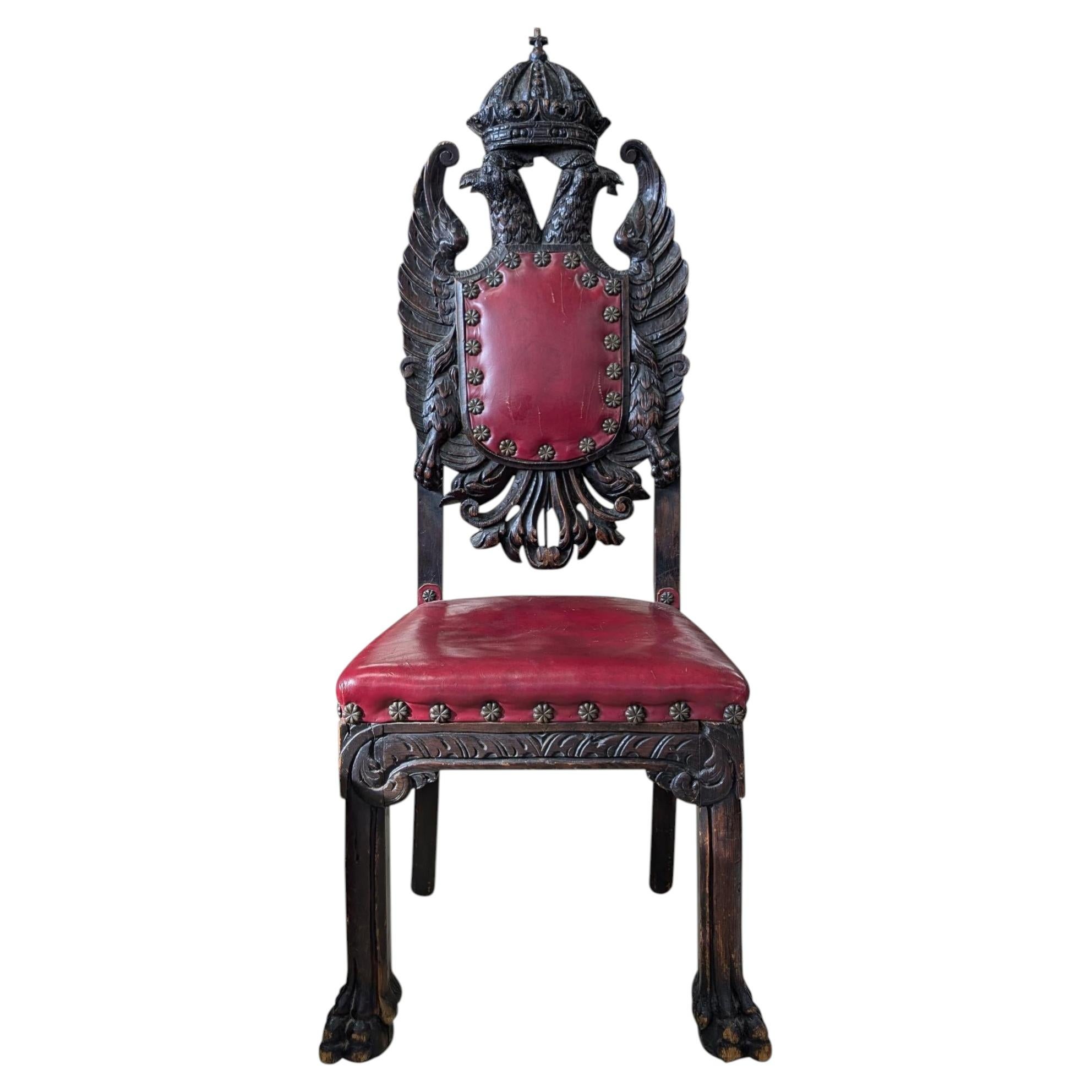 Antique Carved Heraldic Throne, Highback Chair For Sale
