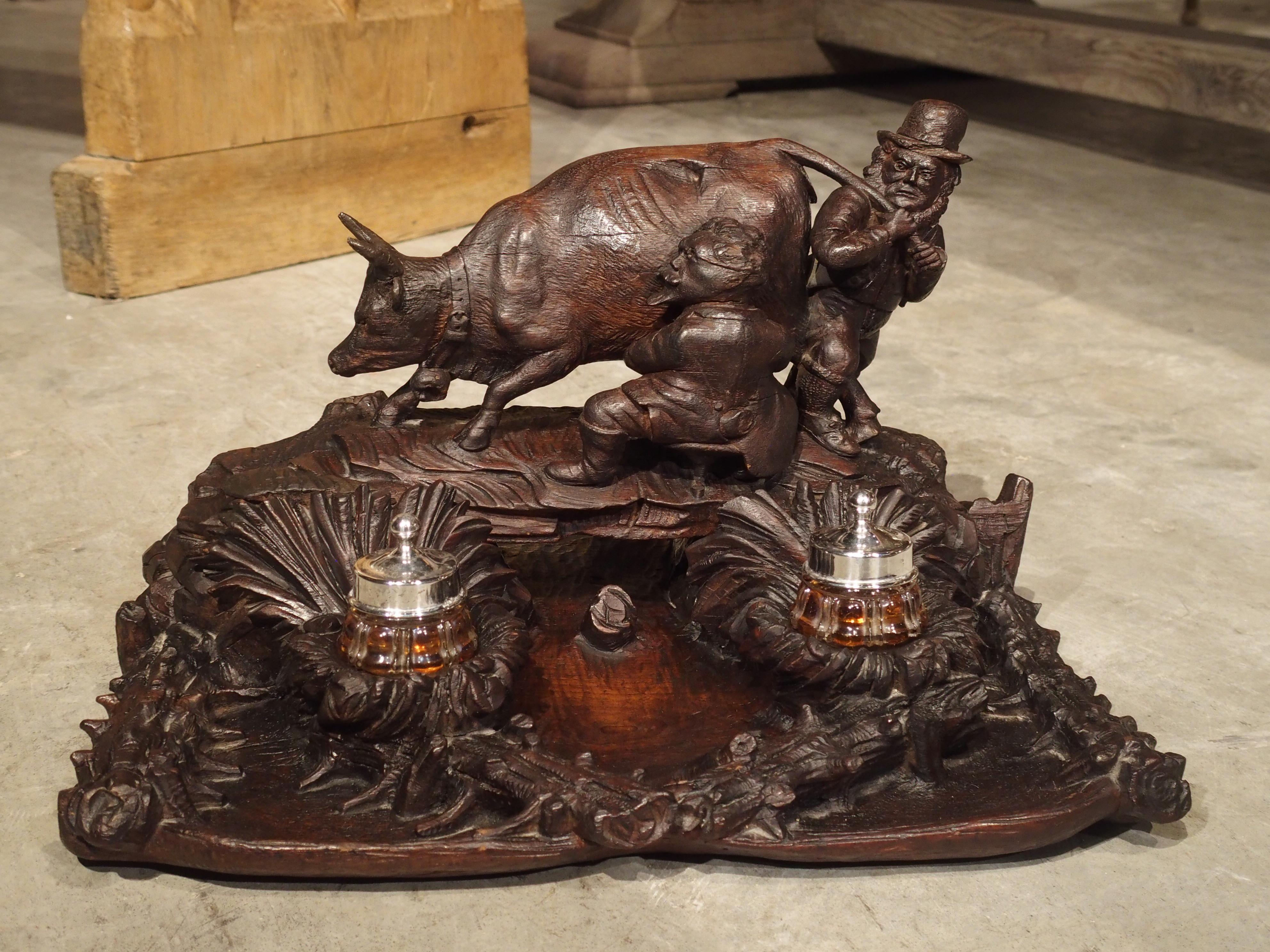 Antique Carved Inkwell, Swiss Milk Cow, Late 19th Century For Sale 4