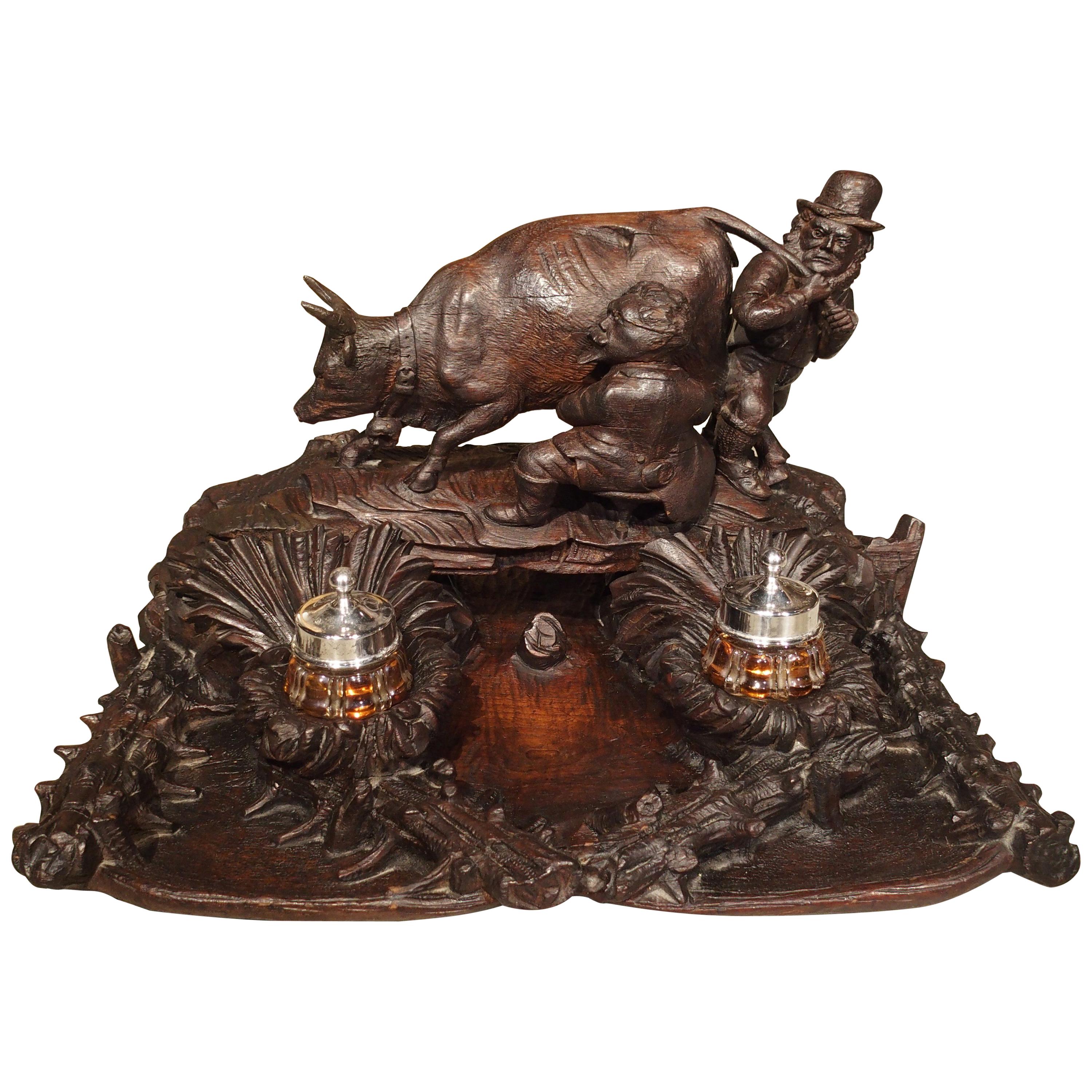 Antique Carved Inkwell, Swiss Milk Cow, Late 19th Century For Sale