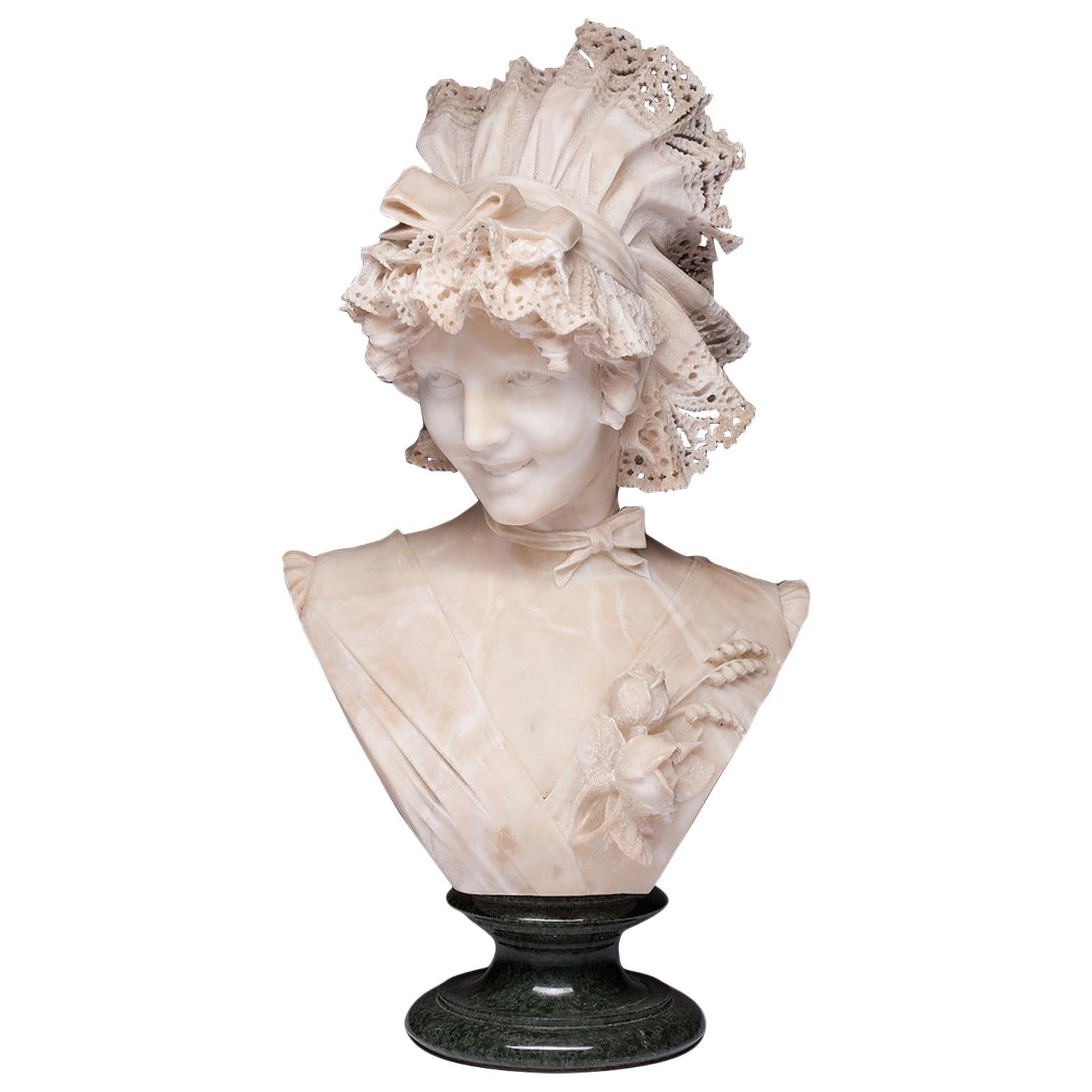 Antique Carved Italian Alabaster Bust Ferdinando Vichi, Firenze For Sale
