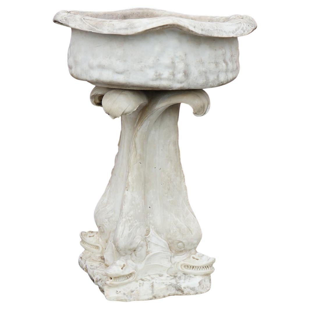 ***Inquire About Reduced In-House Delivery Rates - Reliable Professional Service & Fully Insured***
Large Antique Carved Italian Carrara Marble Figural Sea Serpent Garden Fountain having Ribbed Bowl with Ruffled Rim C1880

Measures - 44