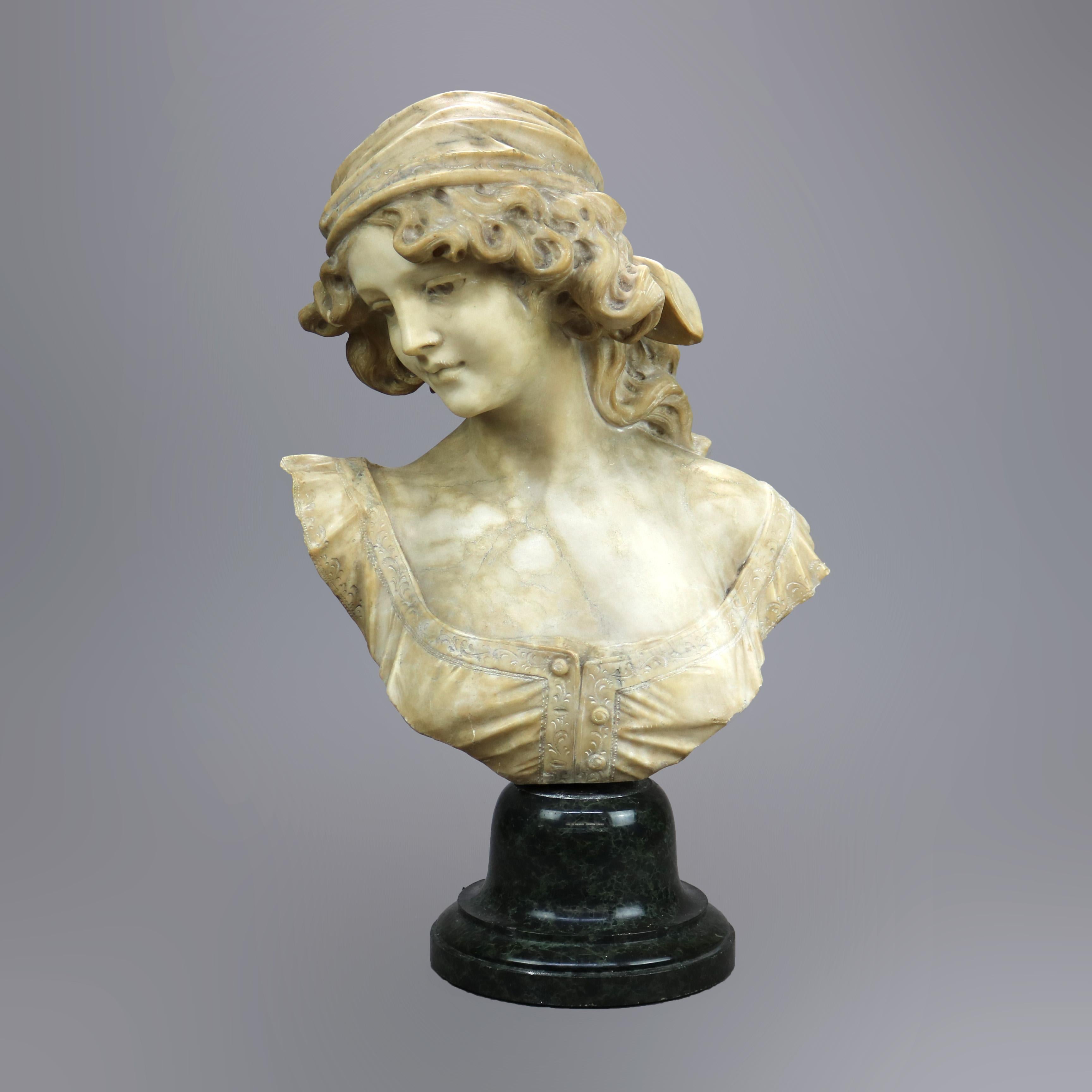 An antique Italian portrait sculpture offers carved marble bust of peasant woman or girl, unsigned, c1890.

Measures - 23'' H X 15'' W X 8'' D.