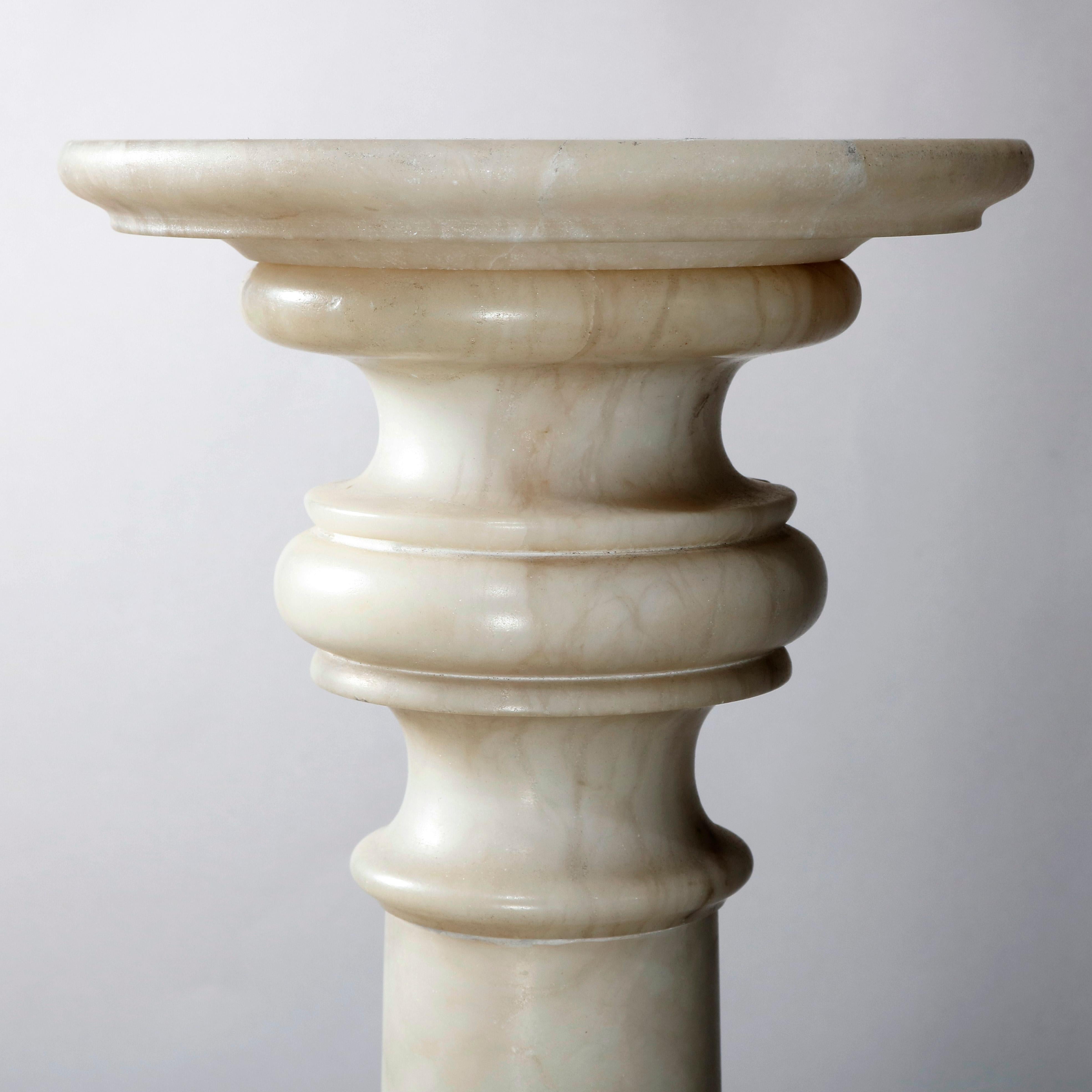 Antique carved Italian sculpture display pedestal offers Classical Greek Doric column-form with central band and stepped capital and base, 20th century

Measures: 36.75