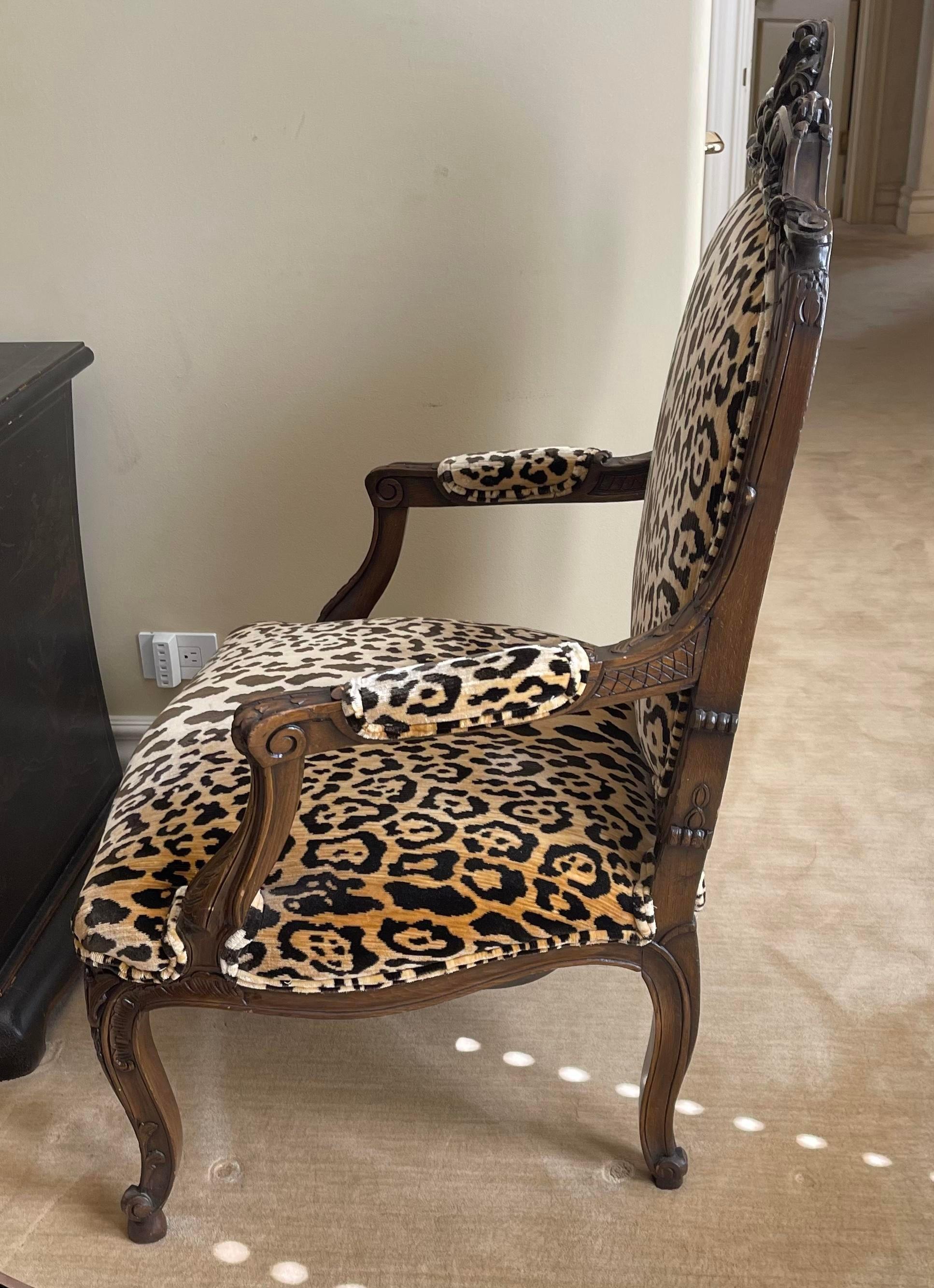 Spanish Colonial Antique Carved Italian Walnut Arm Chair With Scalamandre Leopardo Silk Velvet