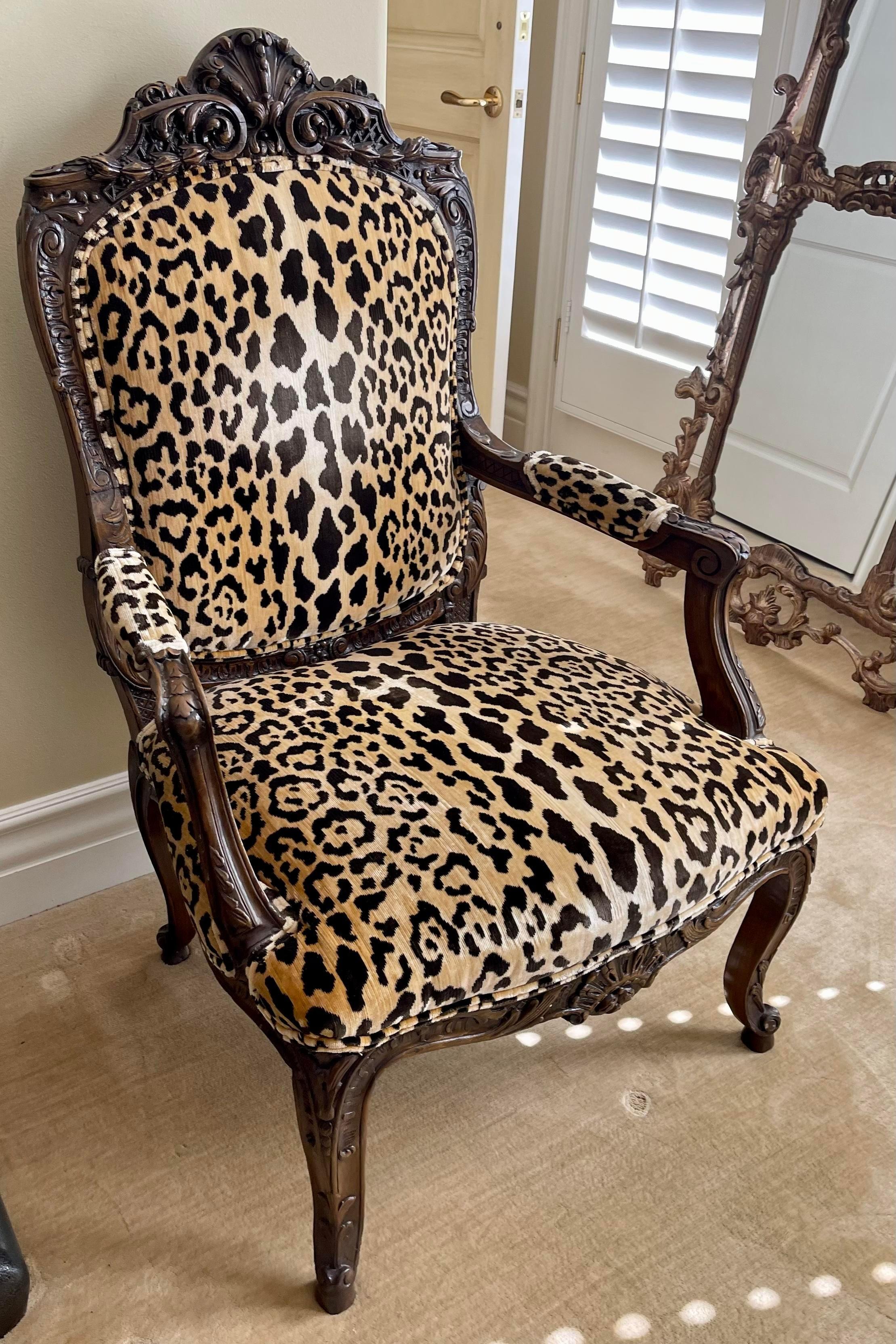 19th Century Antique Carved Italian Walnut Arm Chair With Scalamandre Leopardo Silk Velvet