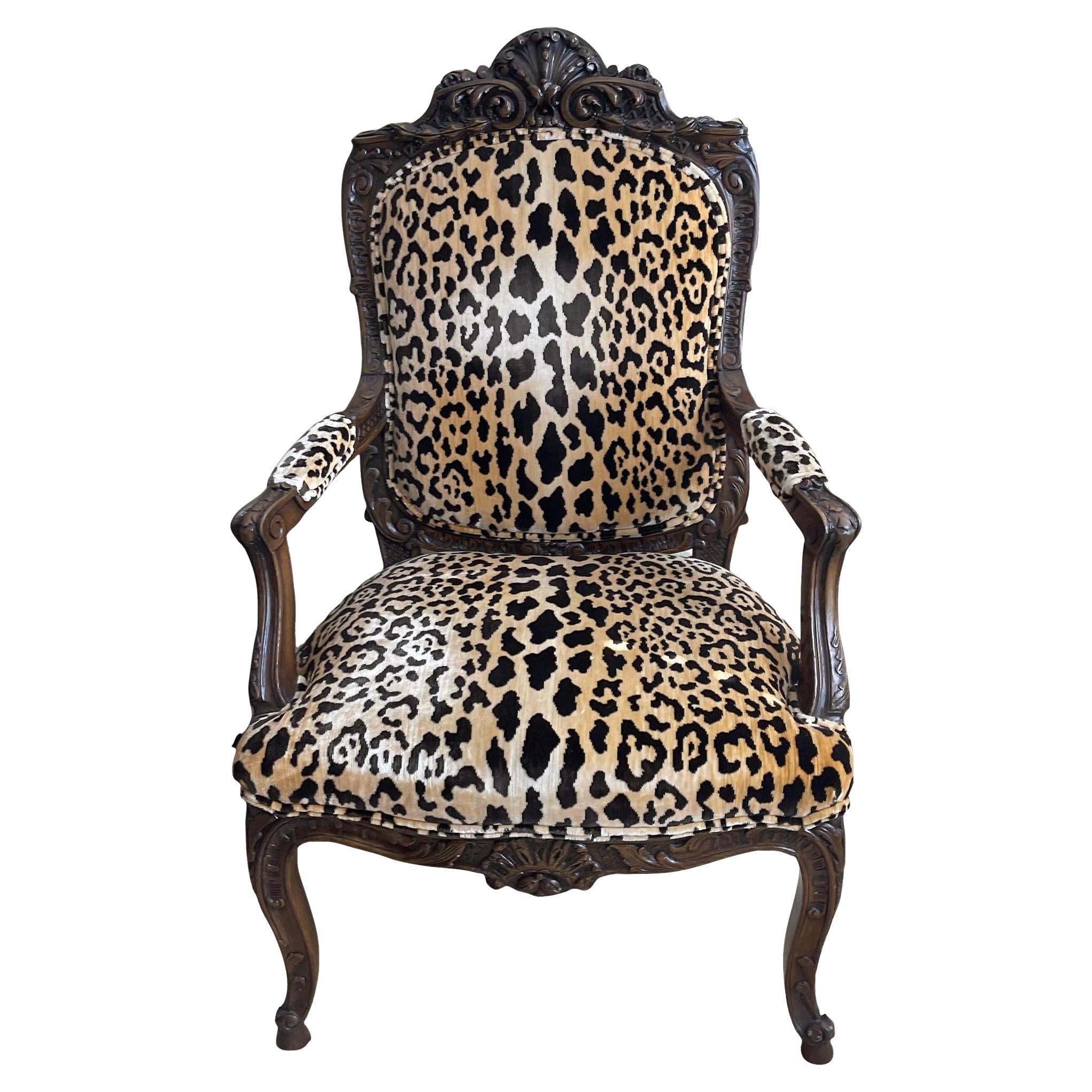 Antique Carved Italian Walnut Arm Chair With Scalamandre Leopardo Silk Velvet