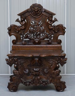 Antique Carved Italian Walnut Renaissance Revival Hall Bench Seat Cherubs Putti
