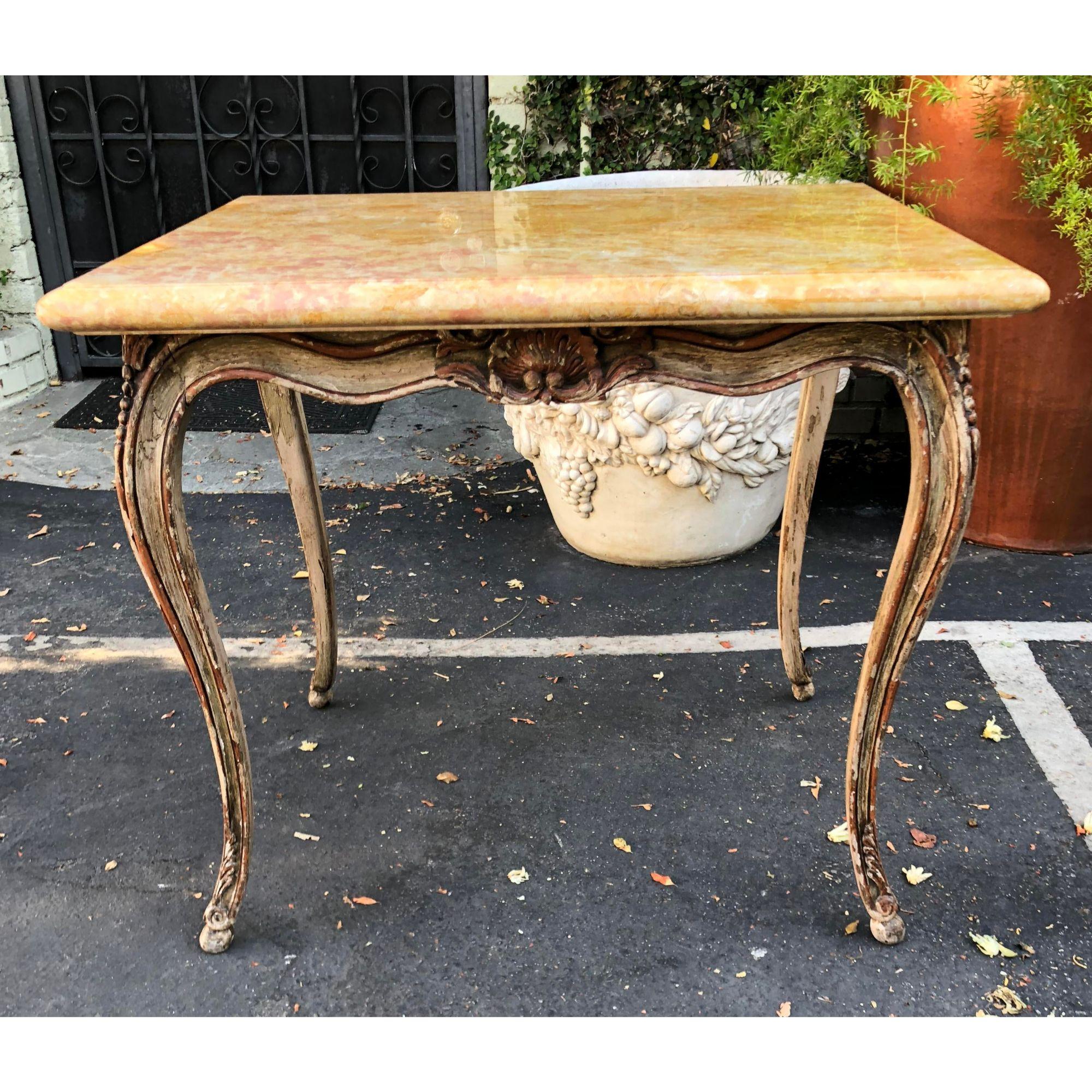 19th Century Antique Carved Italian Walnut Side Table with Sienna Marble Top