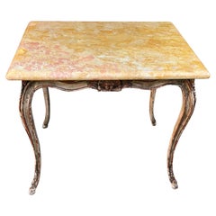Antique Carved Italian Walnut Side Table with Sienna Marble Top