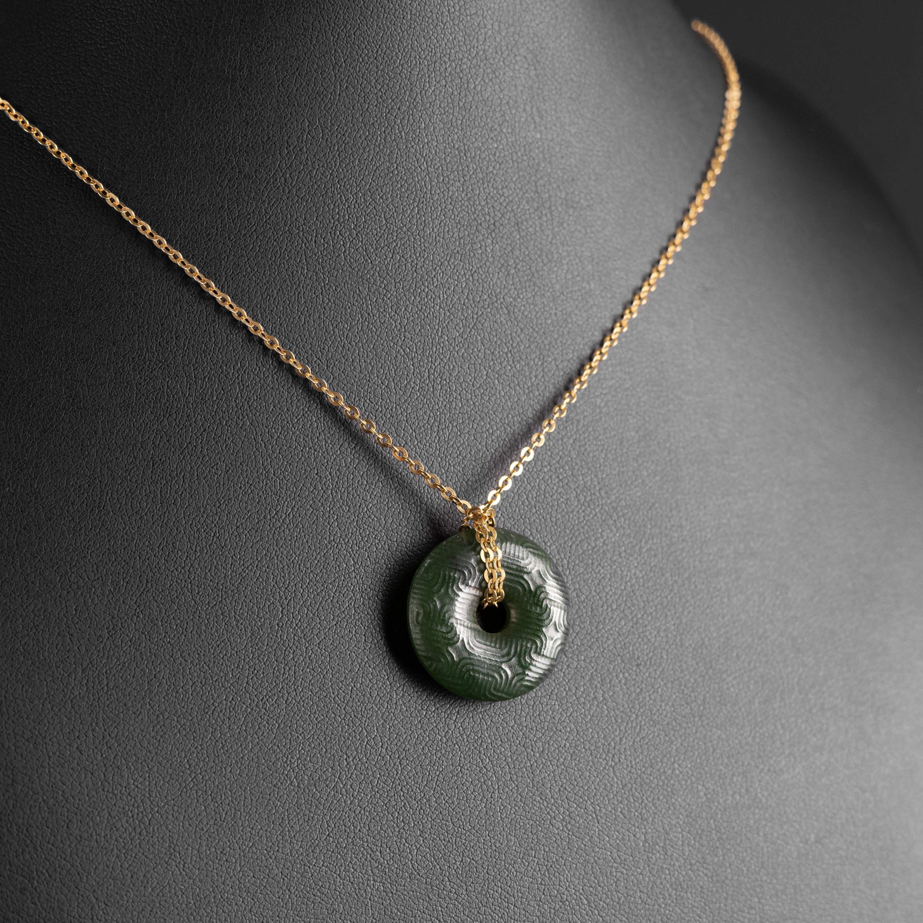 Antique Carved Jade Bi Disc Pendant with Gold Chain Certified Untreated 1