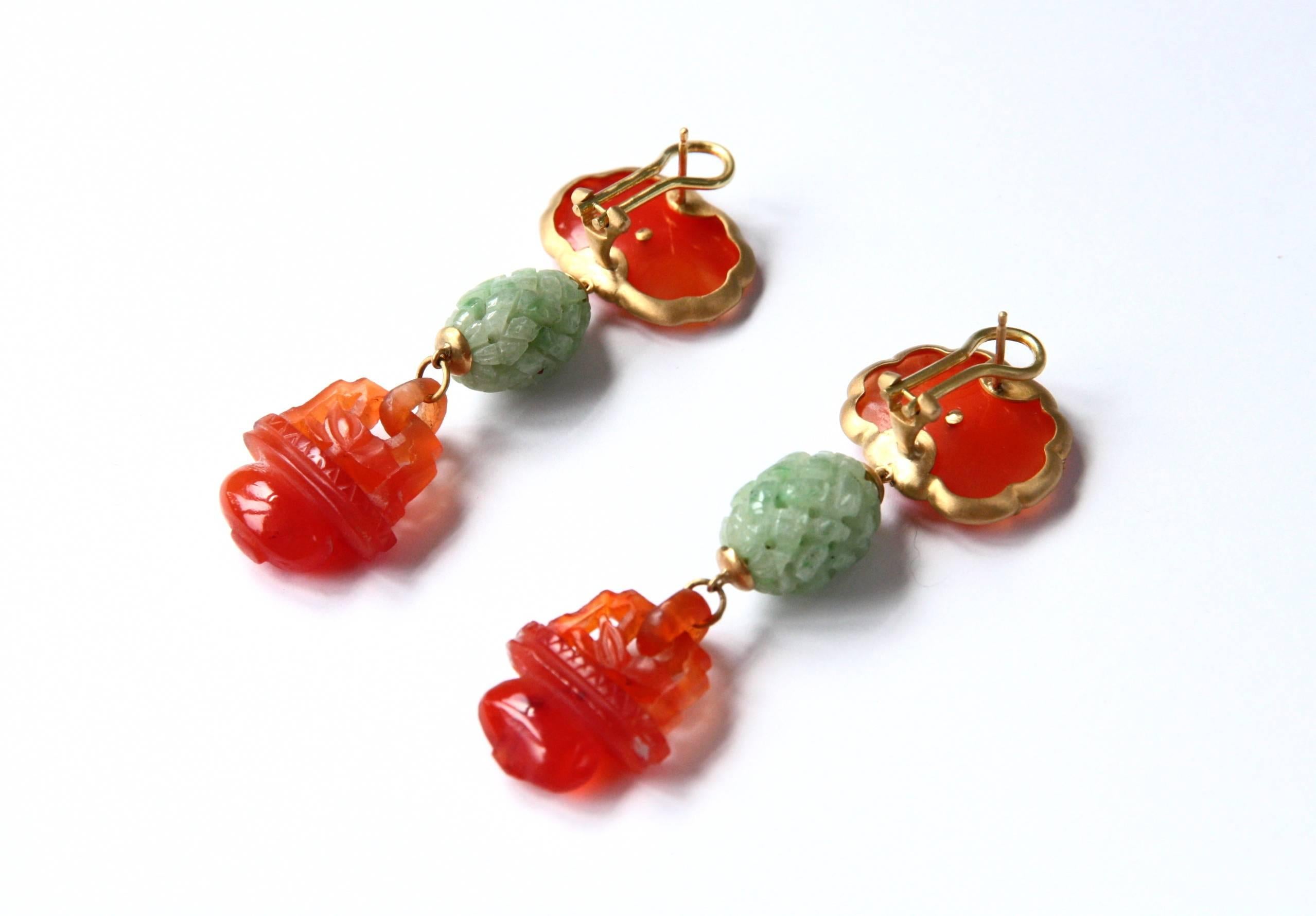 Artisan Antique Carved Jade Carnelian 18 Karat Brushed Gold Earrings For Sale