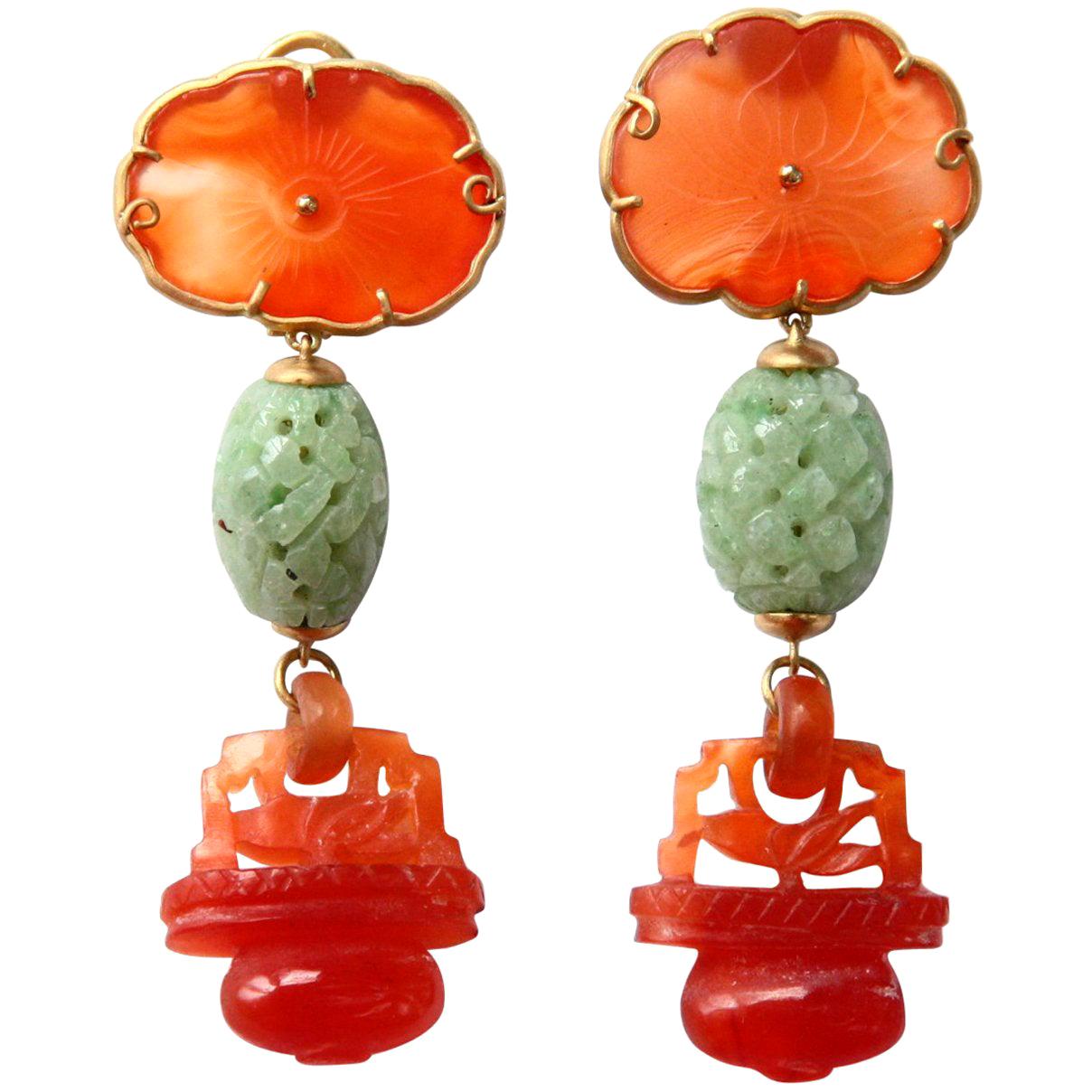 Antique Carved Jade Carnelian 18 Karat Brushed Gold Earrings