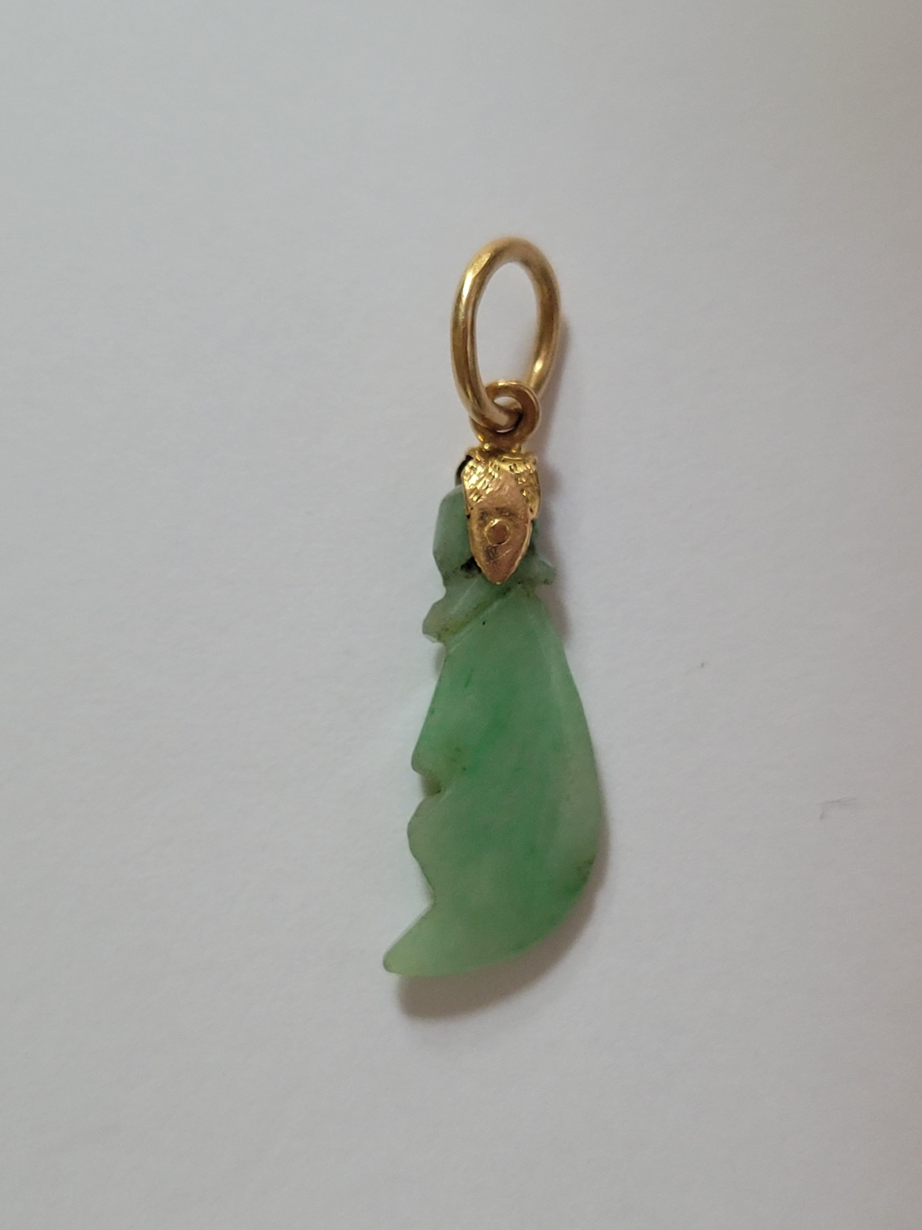 Art Deco Antique Carved Jade Yellow Gold Charm Pendant For Sale