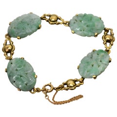 Antique Carved Jade Yellow Gold Link Bracelet