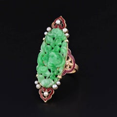 Antique Carved Jadeite and Enamel Ring of 14k Gold