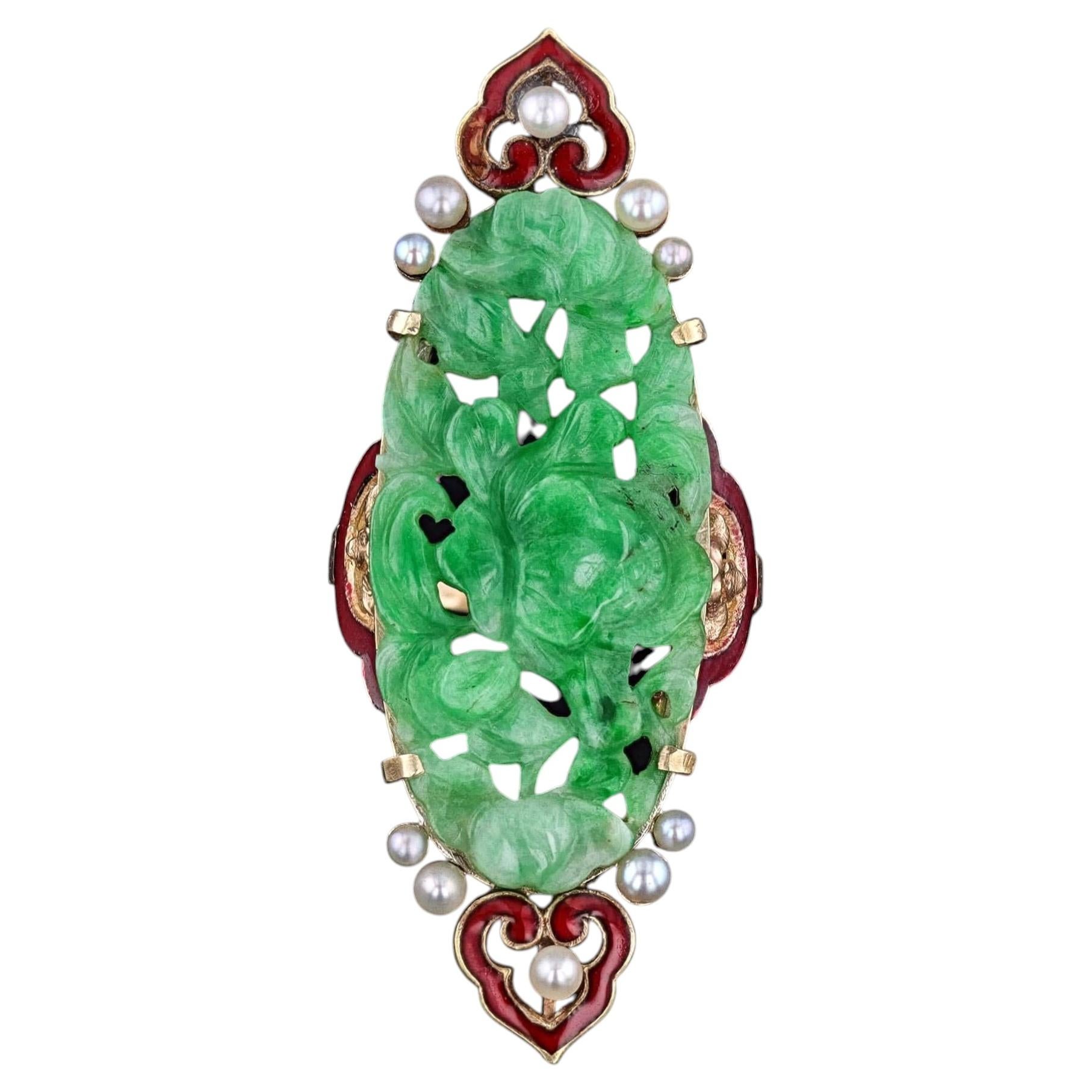 Antique Carved Jadeite and Enamel Ring of 14k Gold