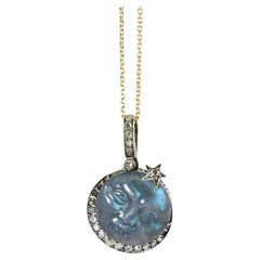 Antique Carved Labradorite 'Man in the Moon' Rose Diamond Pendant, c. 1888