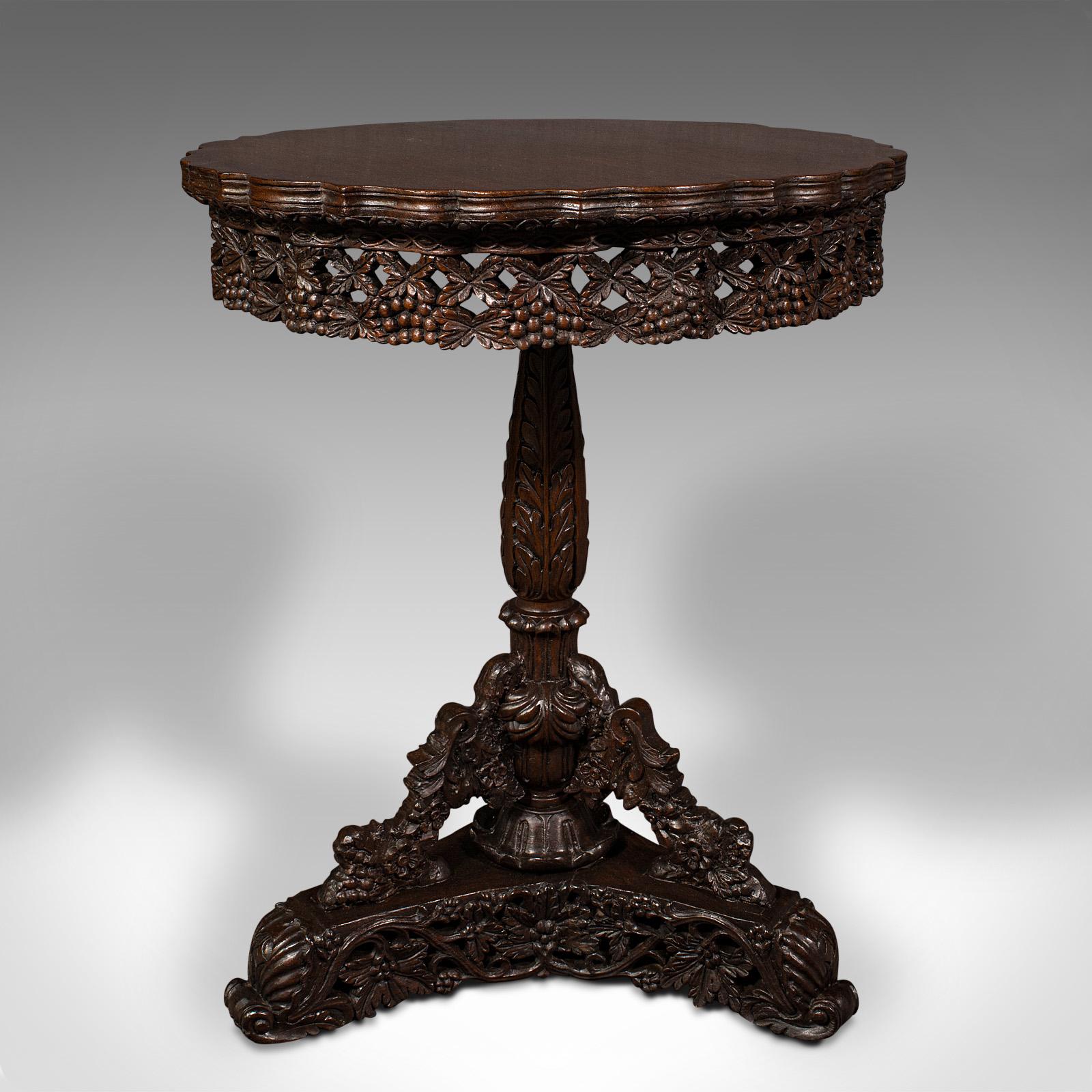 British Antique Carved Lamp Table, Anglo Indian, Teak, Tilt Top, Colonial, Victorian For Sale