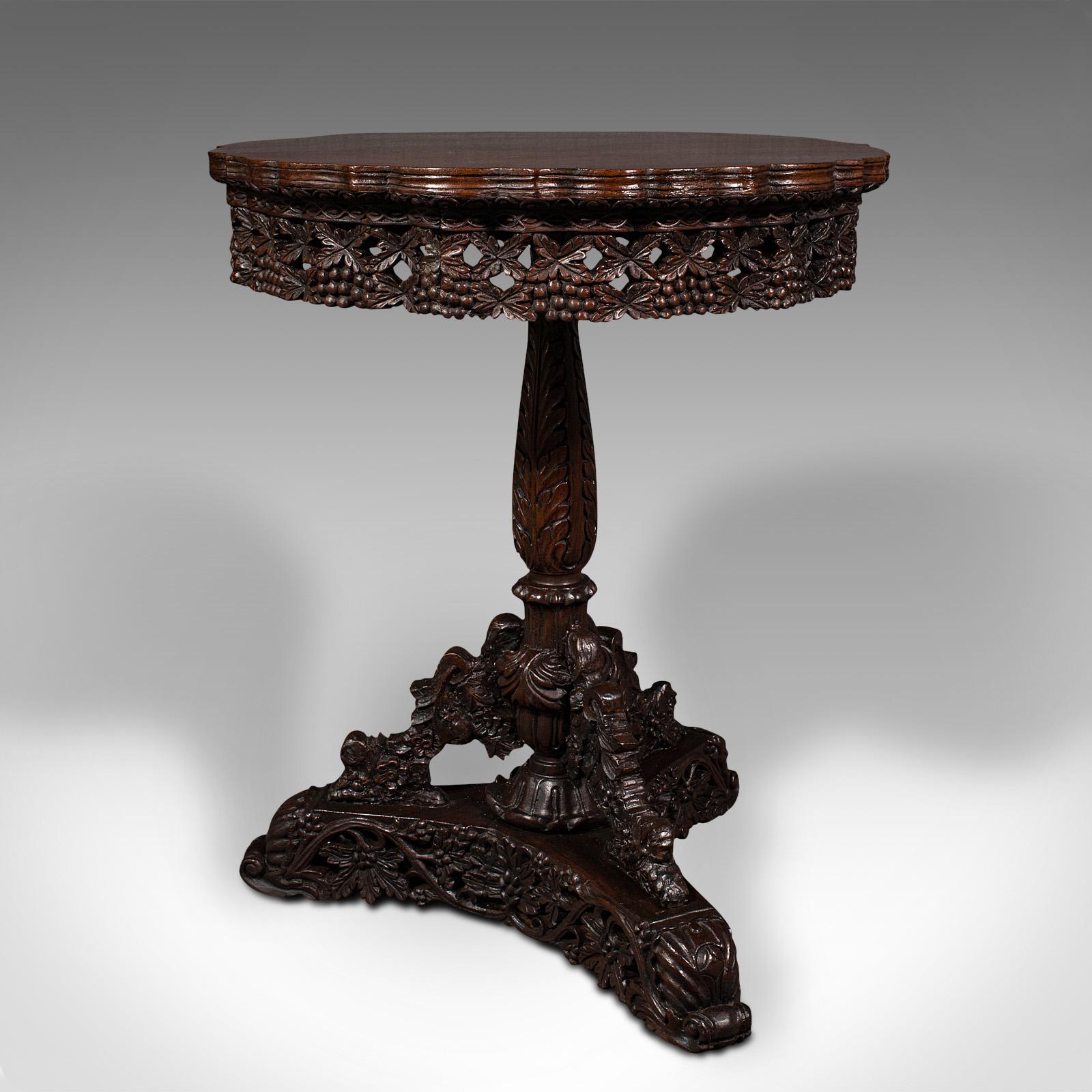 Antique Carved Lamp Table, Anglo Indian, Teak, Tilt Top, Colonial, Victorian In Good Condition For Sale In Hele, Devon, GB