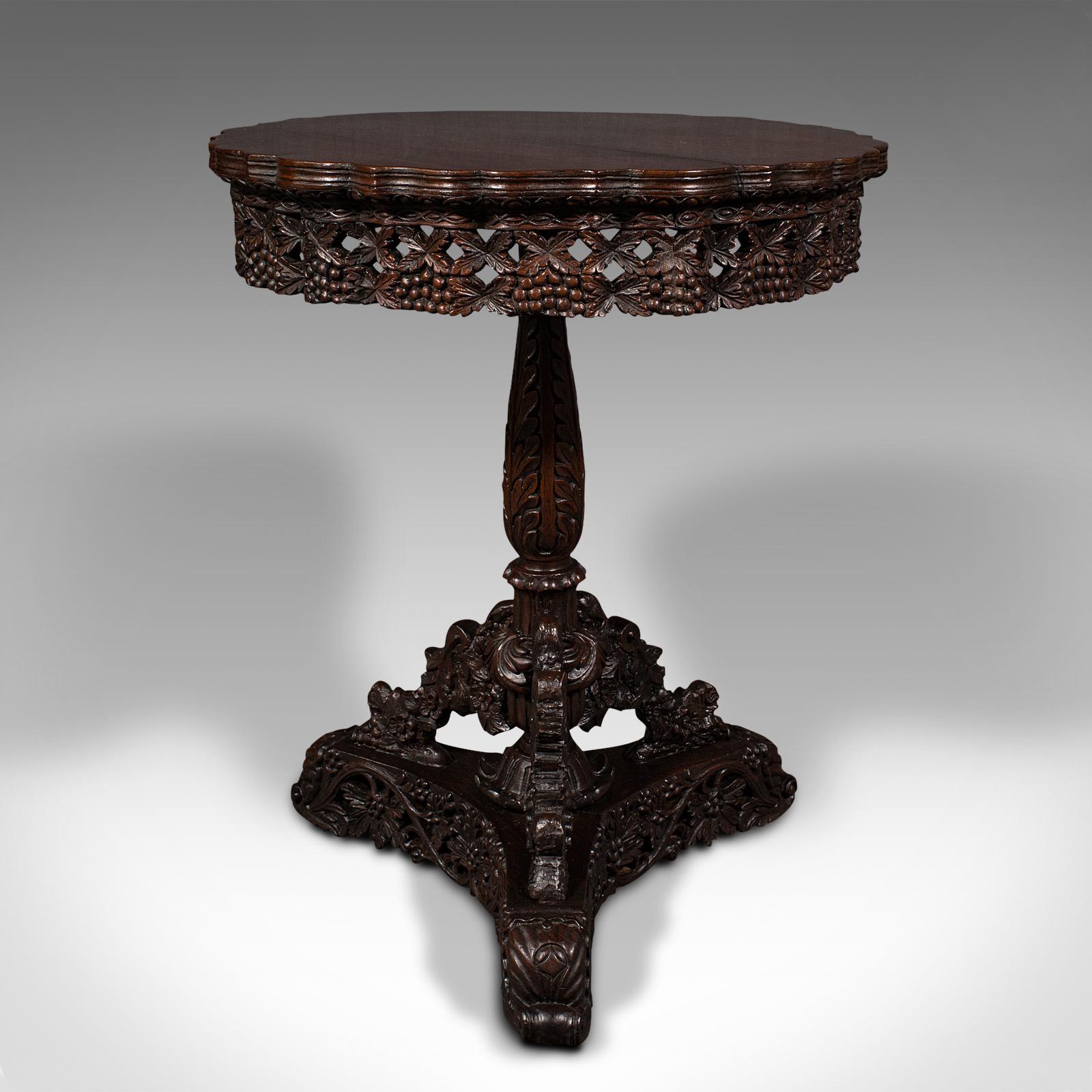 19th Century Antique Carved Lamp Table, Anglo Indian, Teak, Tilt Top, Colonial, Victorian For Sale