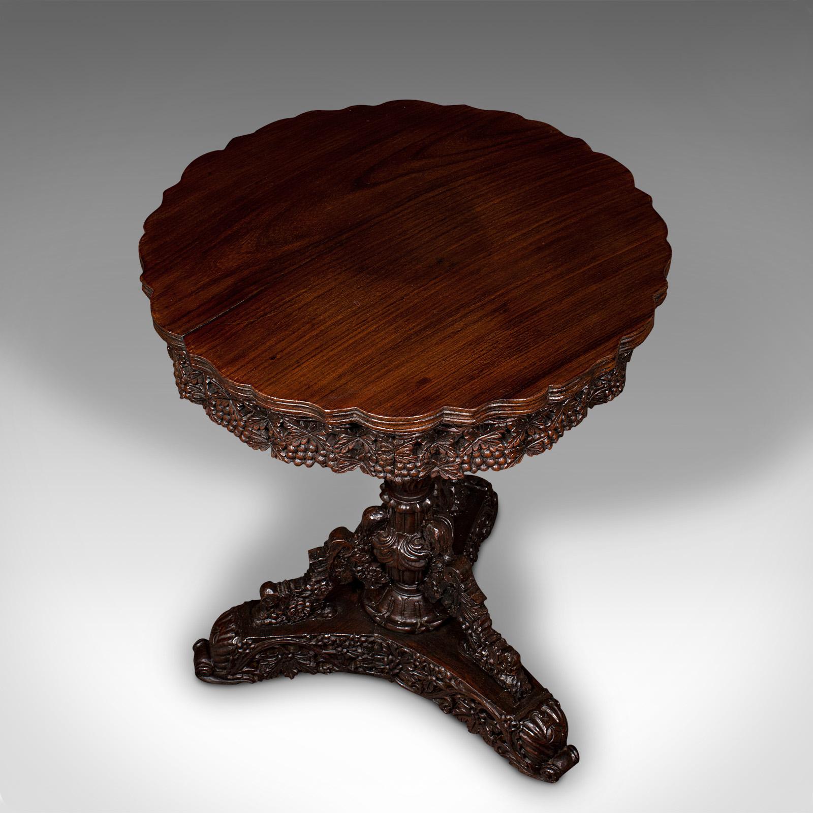 Antique Carved Lamp Table, Anglo Indian, Teak, Tilt Top, Colonial, Victorian For Sale 1