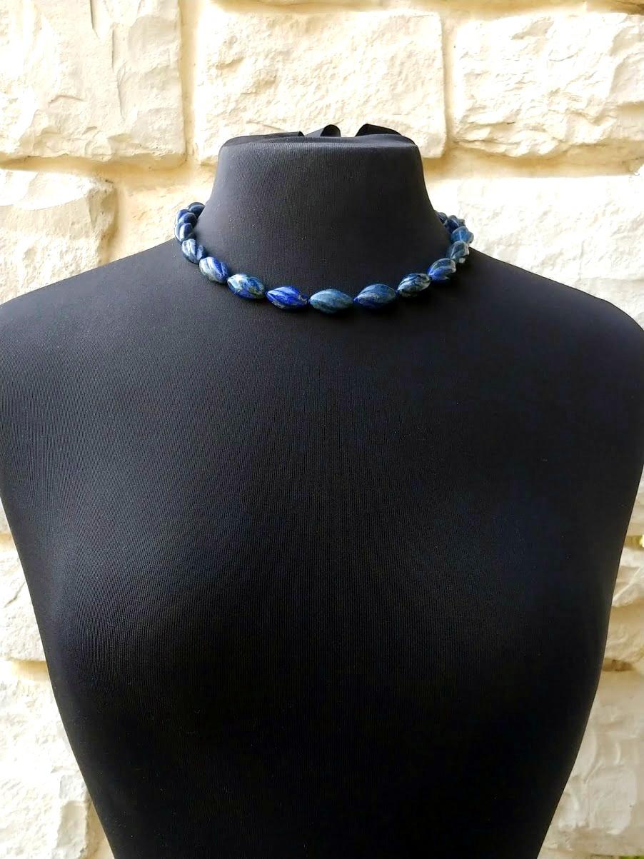Bead Antique Carved Lapis Lazuli Necklace For Sale