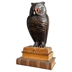 Antique Carved & Large Owl Sculpture w. Glass Eyes Symbol for Wisdom & Learning