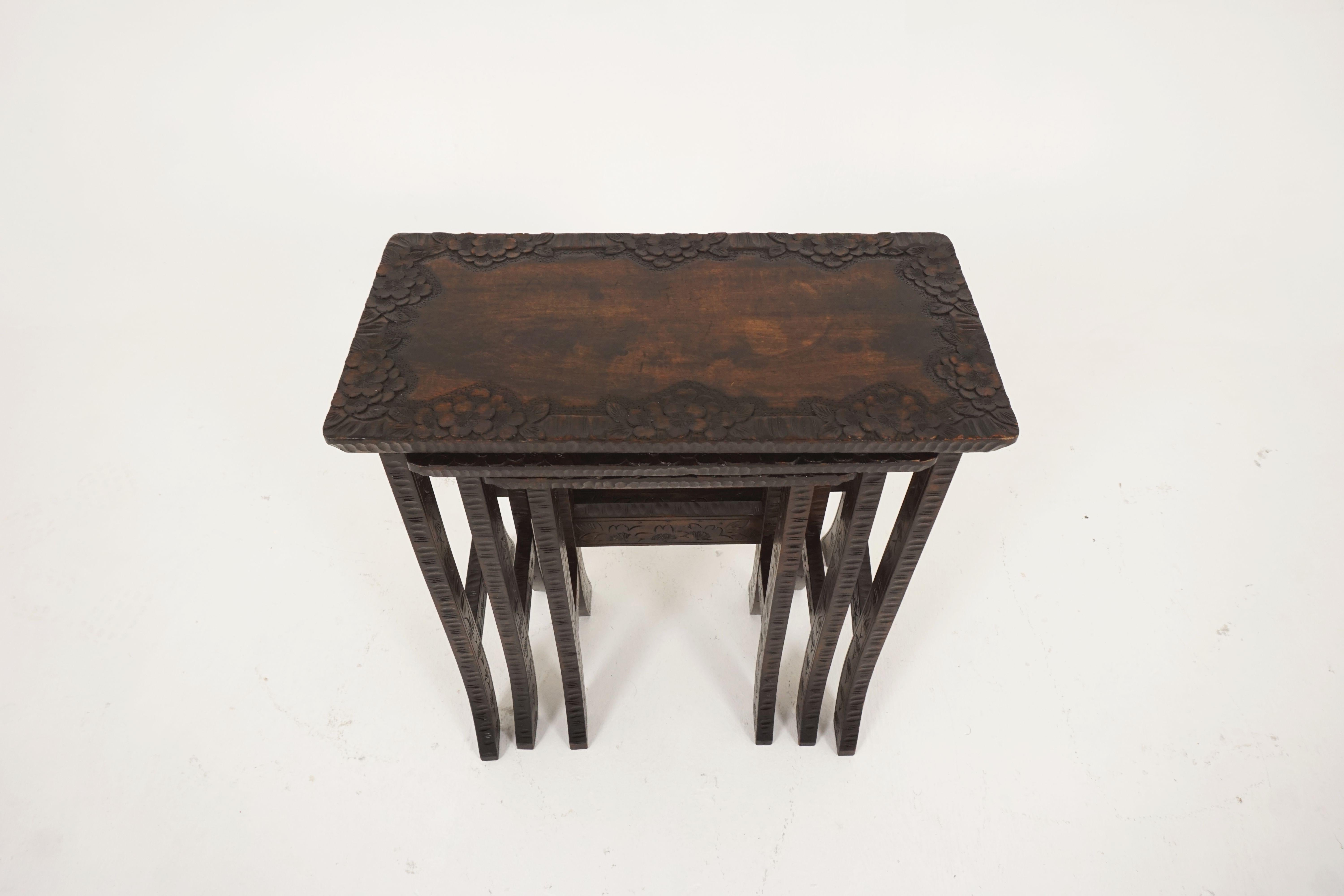Antique carved Liberty + Co, Asian nesting tables, solid wood, Asia, 1920

Asia, 1920
Solid wood
Original finish
Rectangular top
Hand carved floral design
Carving on all tops
Carved down swept legs on front and side
Joined by carved