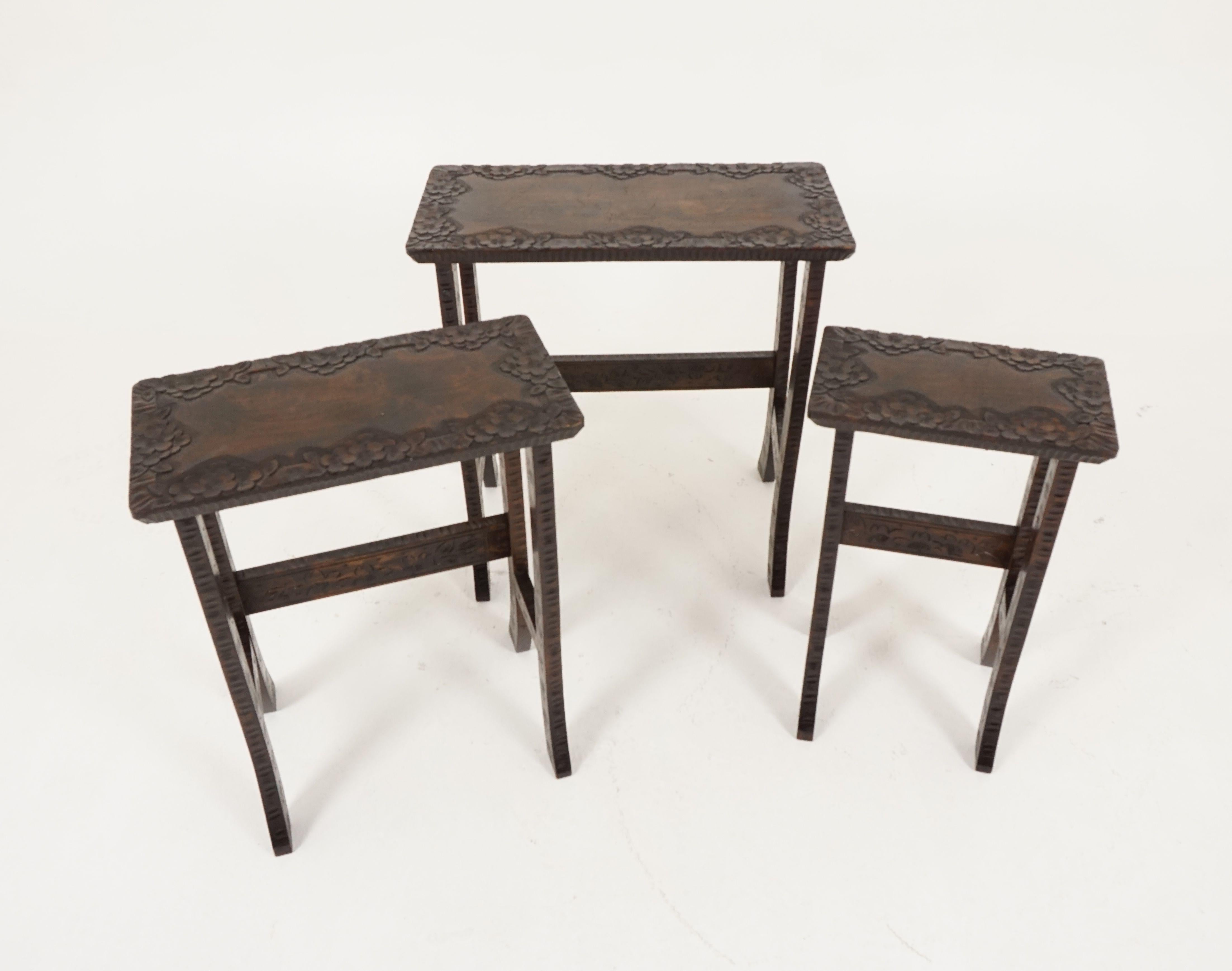 Hand-Crafted Antique Carved Liberty + Co, Asian Nesting Tables, Solid Wood, Asia 1920, B2289
