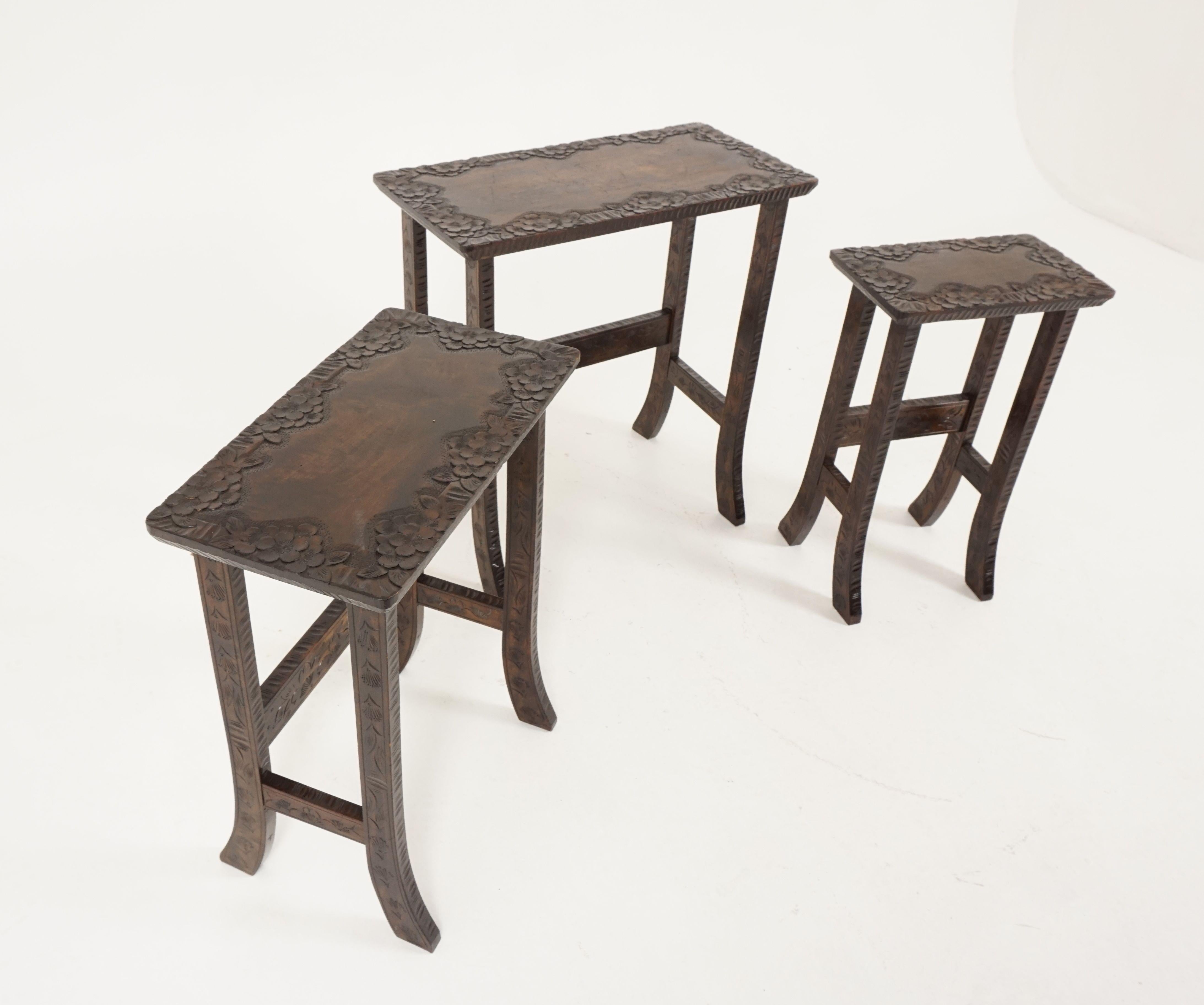 Antique Carved Liberty + Co, Asian Nesting Tables, Solid Wood, Asia 1920, B2289 In Good Condition In Vancouver, BC