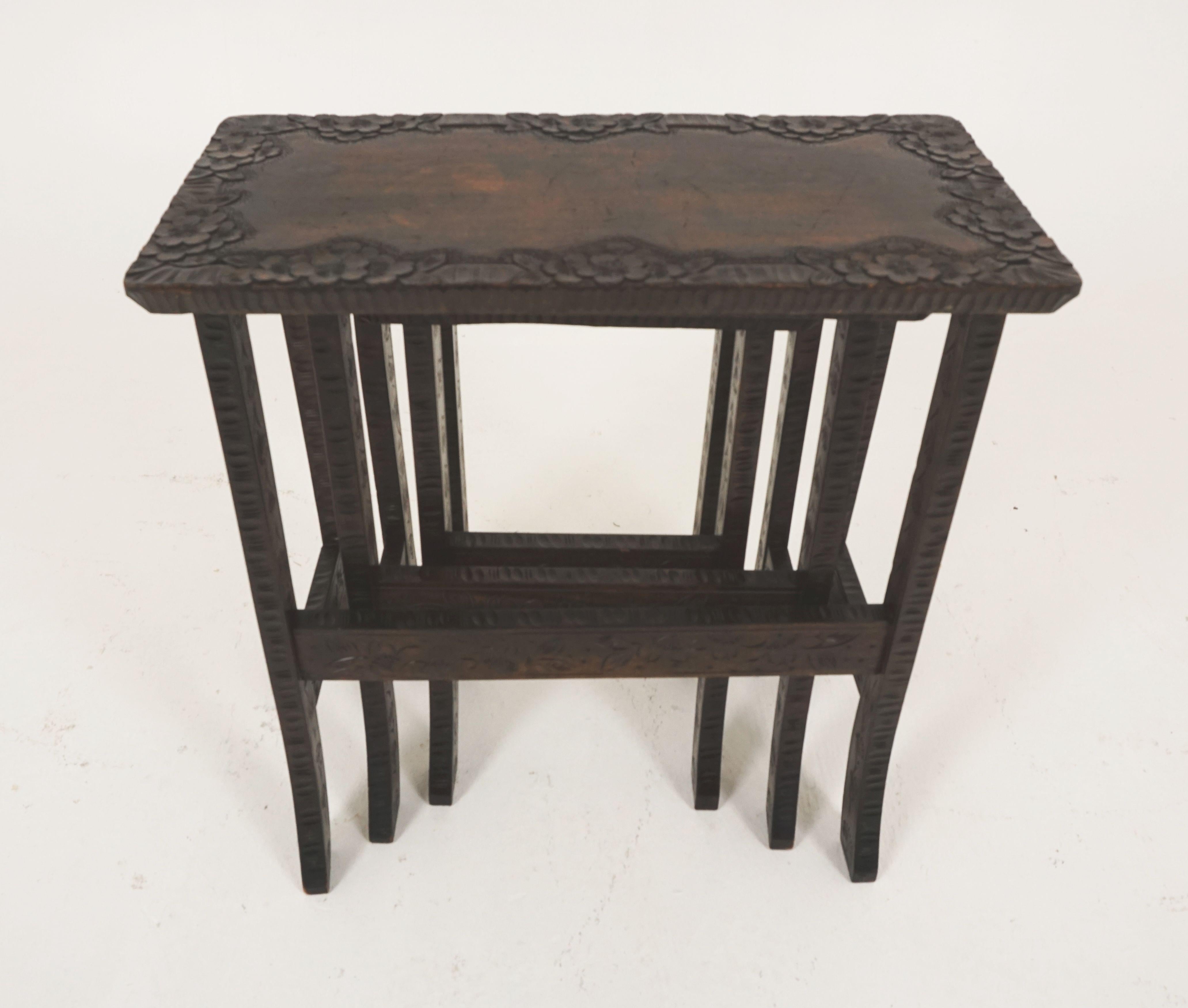 Antique Carved Liberty + Co, Asian Nesting Tables, Solid Wood, Asia 1920, B2289 4