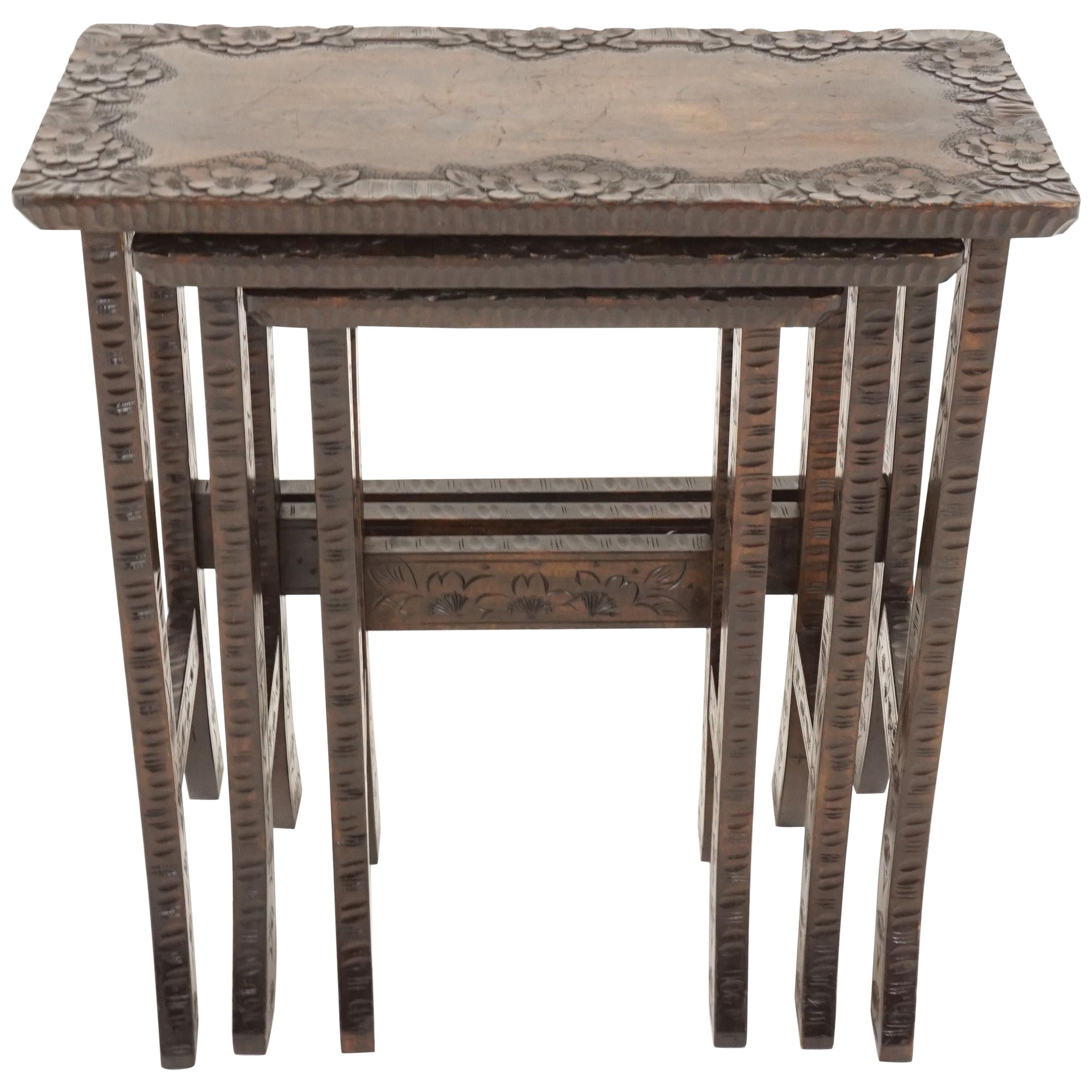 Antique Carved Liberty + Co, Asian Nesting Tables, Solid Wood, Asia 1920, B2289