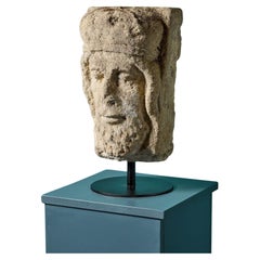 Antique Carved Limestone Keystone of a King