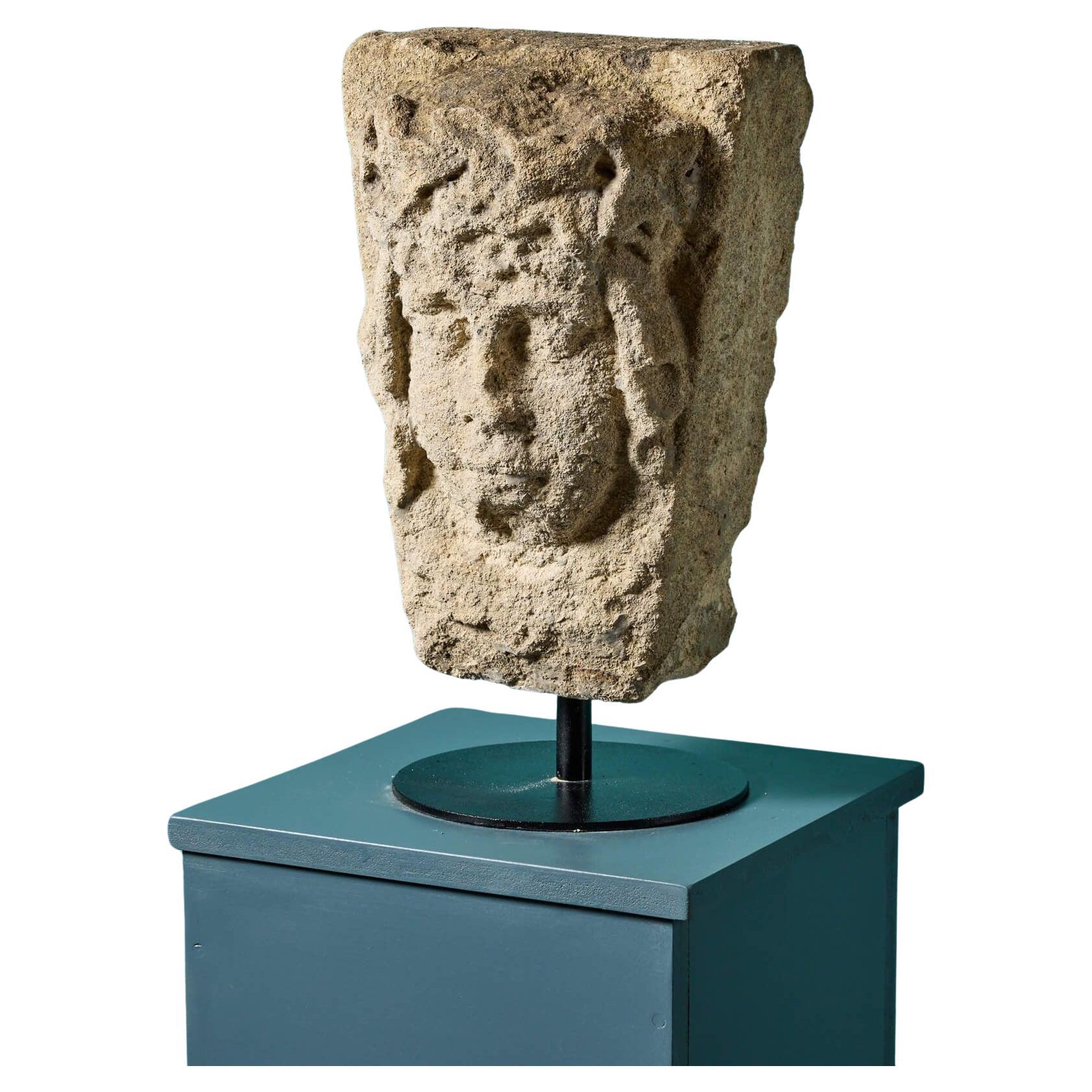 Antique Carved Limestone Keystone of a Queen