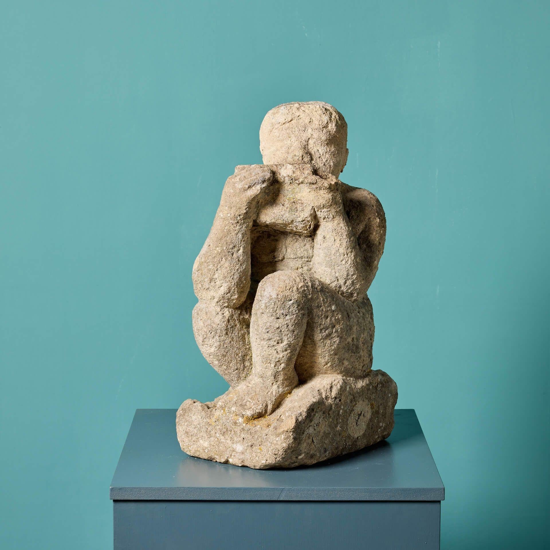 Georgian Antique Carved Limestone Statue of a Boy Playing Pipes For Sale