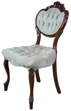 Antique Carved Mahogany Balloon Back Scrolled Tufted Velvet Side Parlor Chair