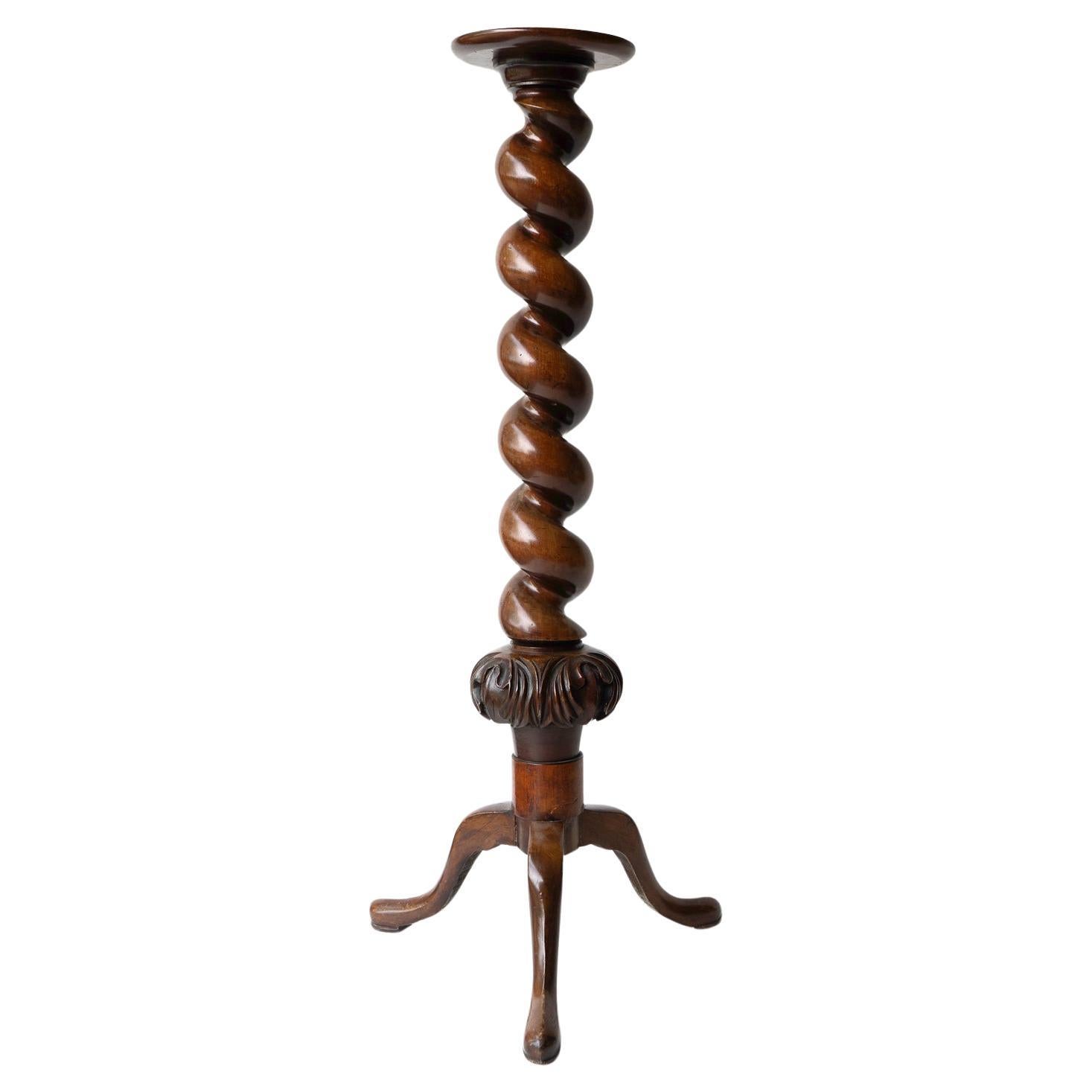 Antique Carved Mahogany Barley Twist Column Torchere, 19th Century Plant Stand For Sale
