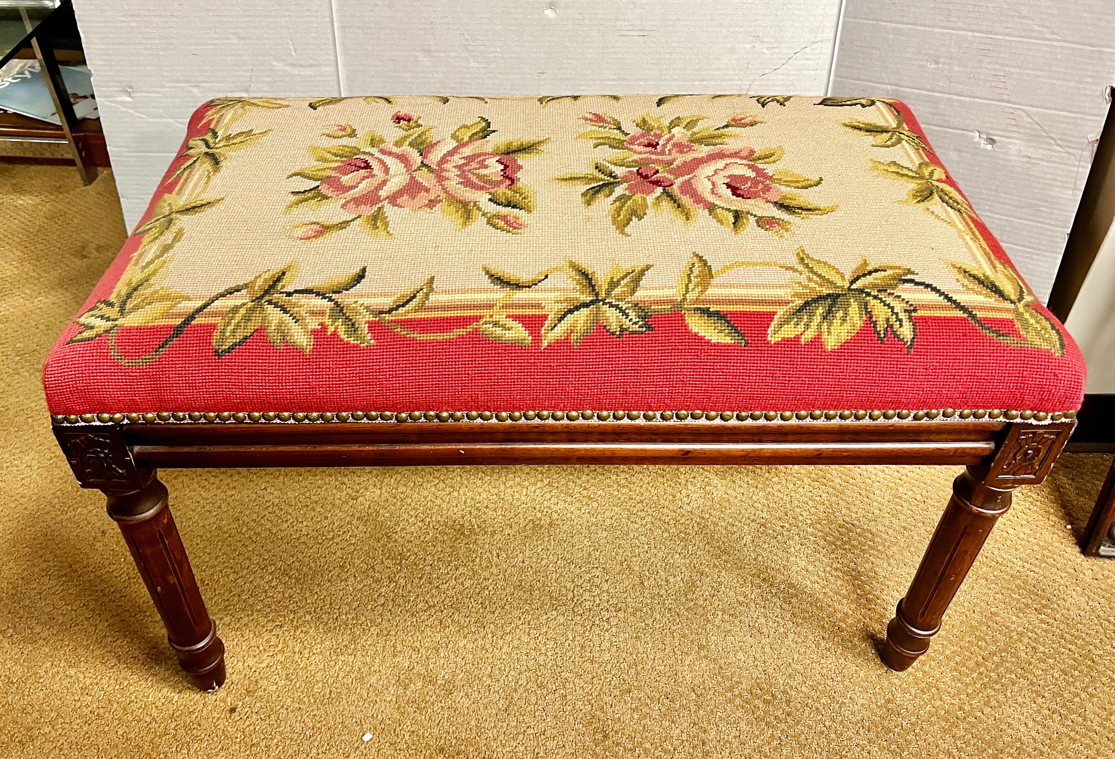 Victorian Antique Carved Mahogany Bench with Pink Floral Needlepoint