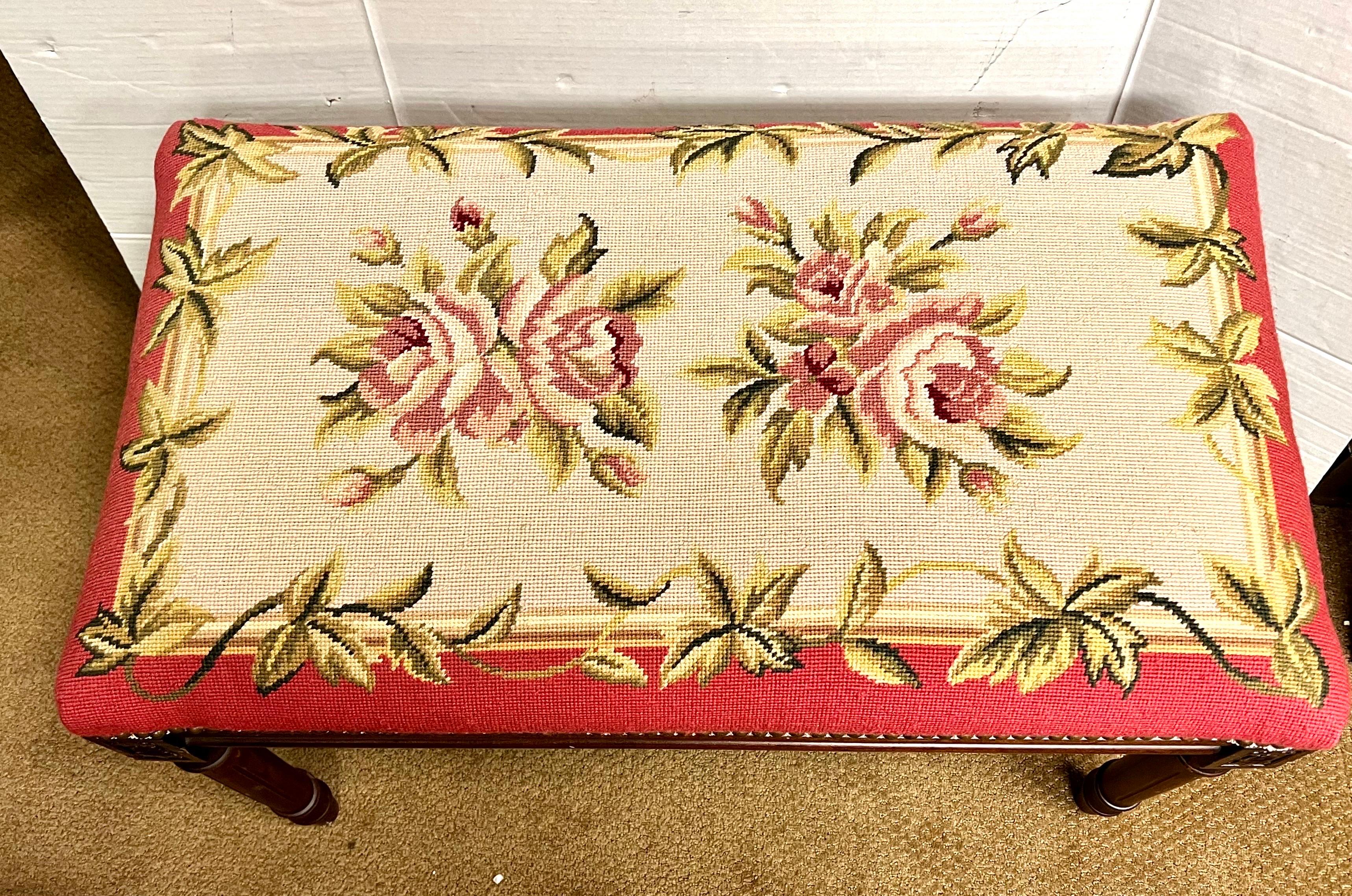 Antique Carved Mahogany Bench with Pink Floral Needlepoint In Good Condition In West Hartford, CT