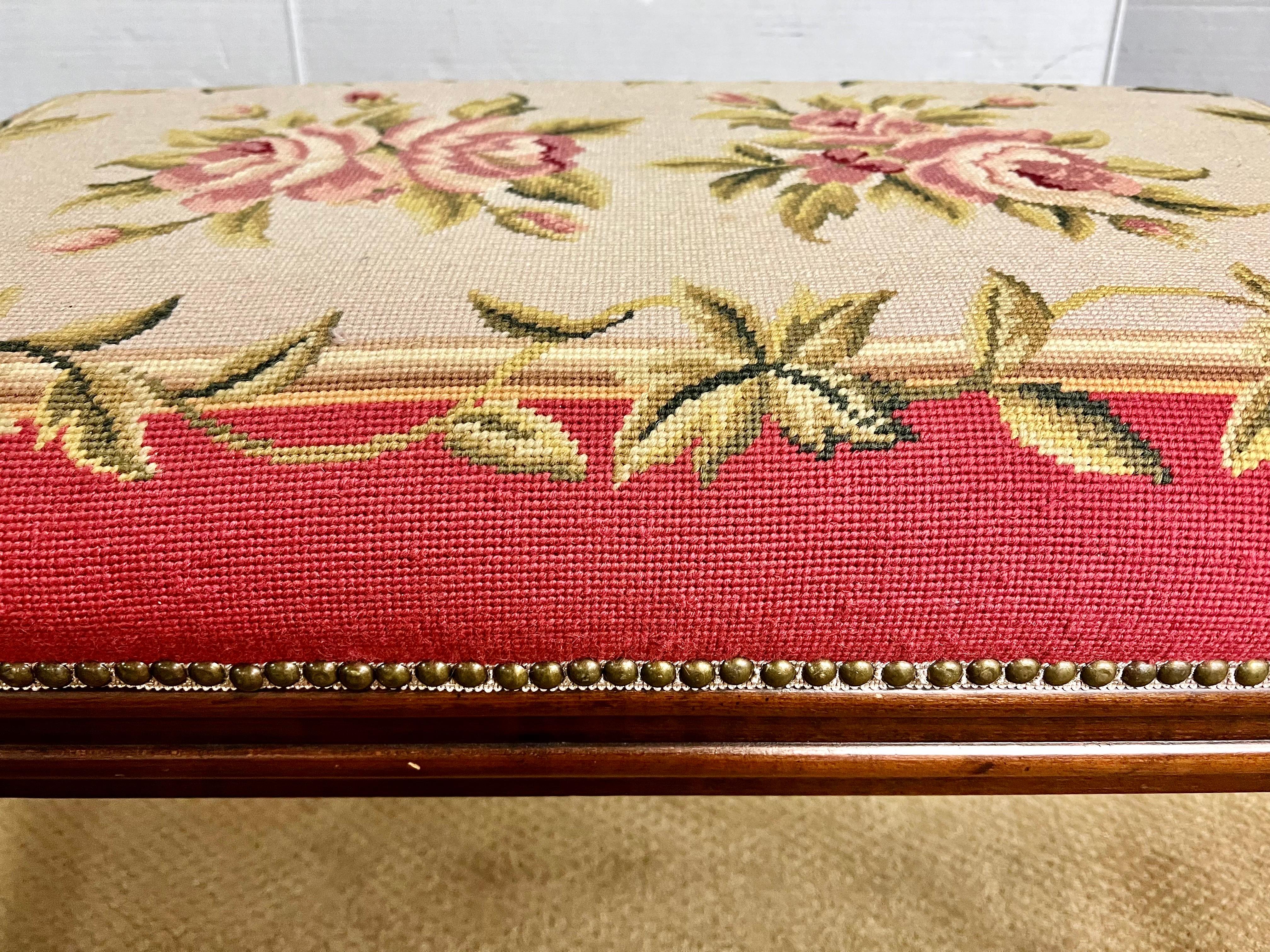 Antique Carved Mahogany Bench with Pink Floral Needlepoint 1