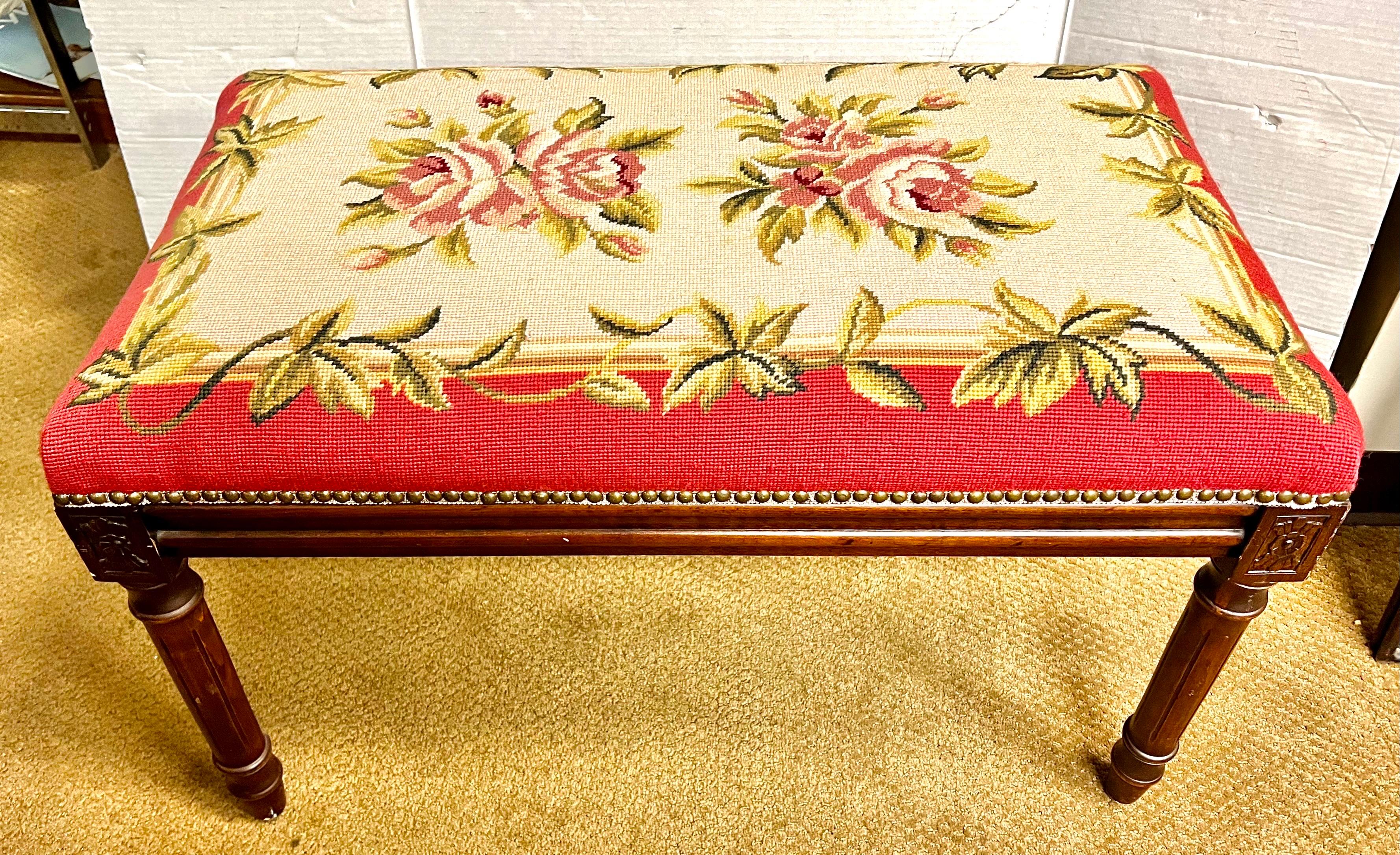 Antique Carved Mahogany Bench with Pink Floral Needlepoint 2