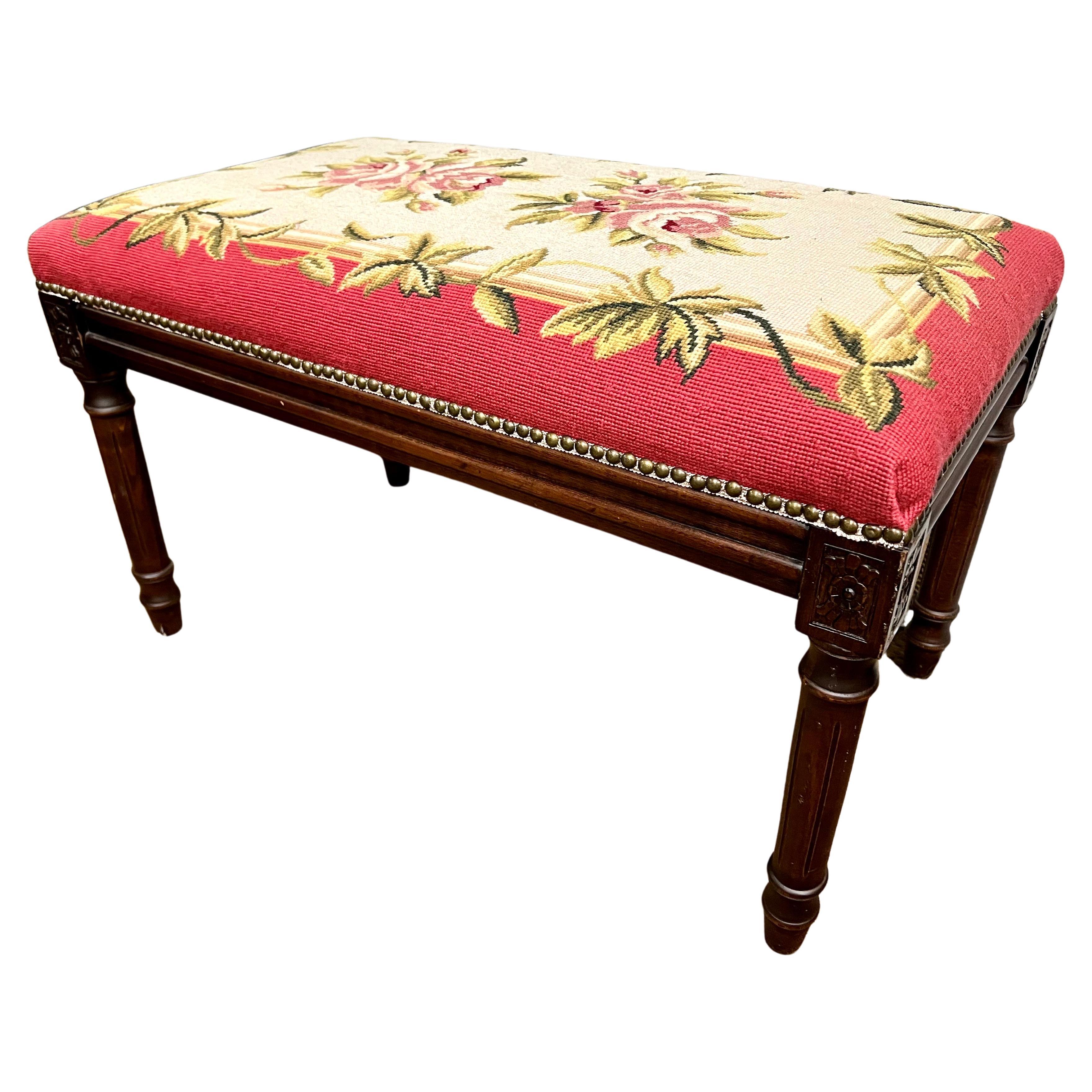 Antique Carved Mahogany Bench with Pink Floral Needlepoint