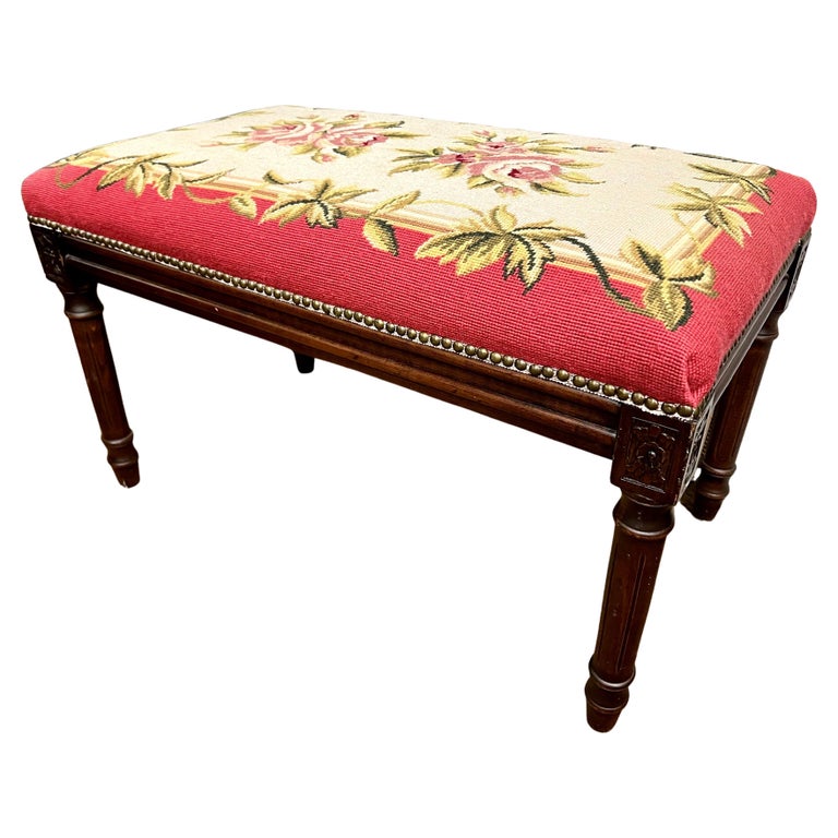 Antique Carved Mahogany Bench with Pink Floral Needlepoint For Sale at