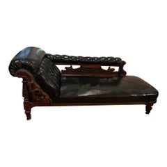 Antique Carved Mahogany & Black Leather Chaise Lounge with Dragon Motif