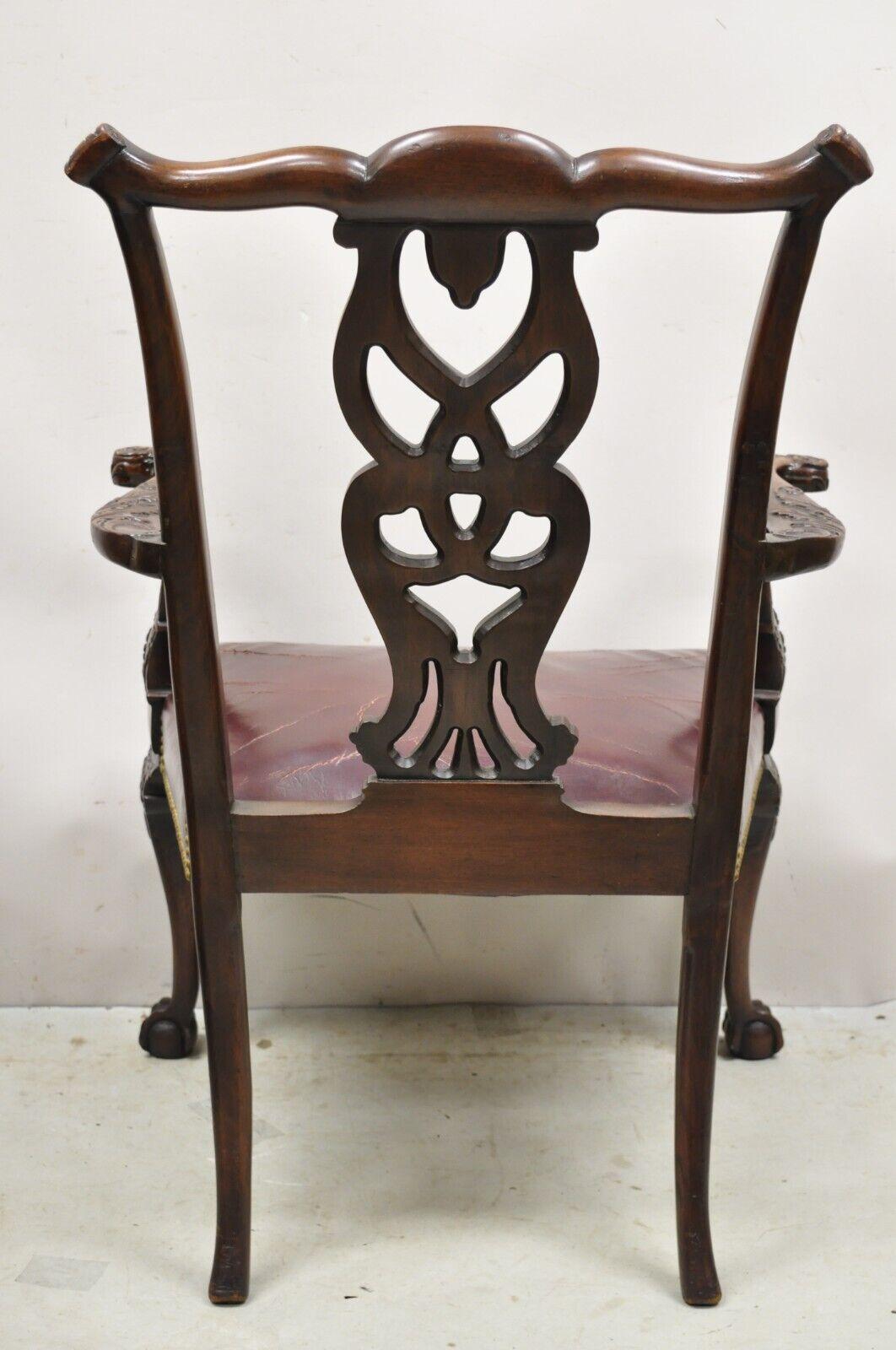 Antique Carved Mahogany Chippendale Style Ball and Claw Leather Arm Chair For Sale 7