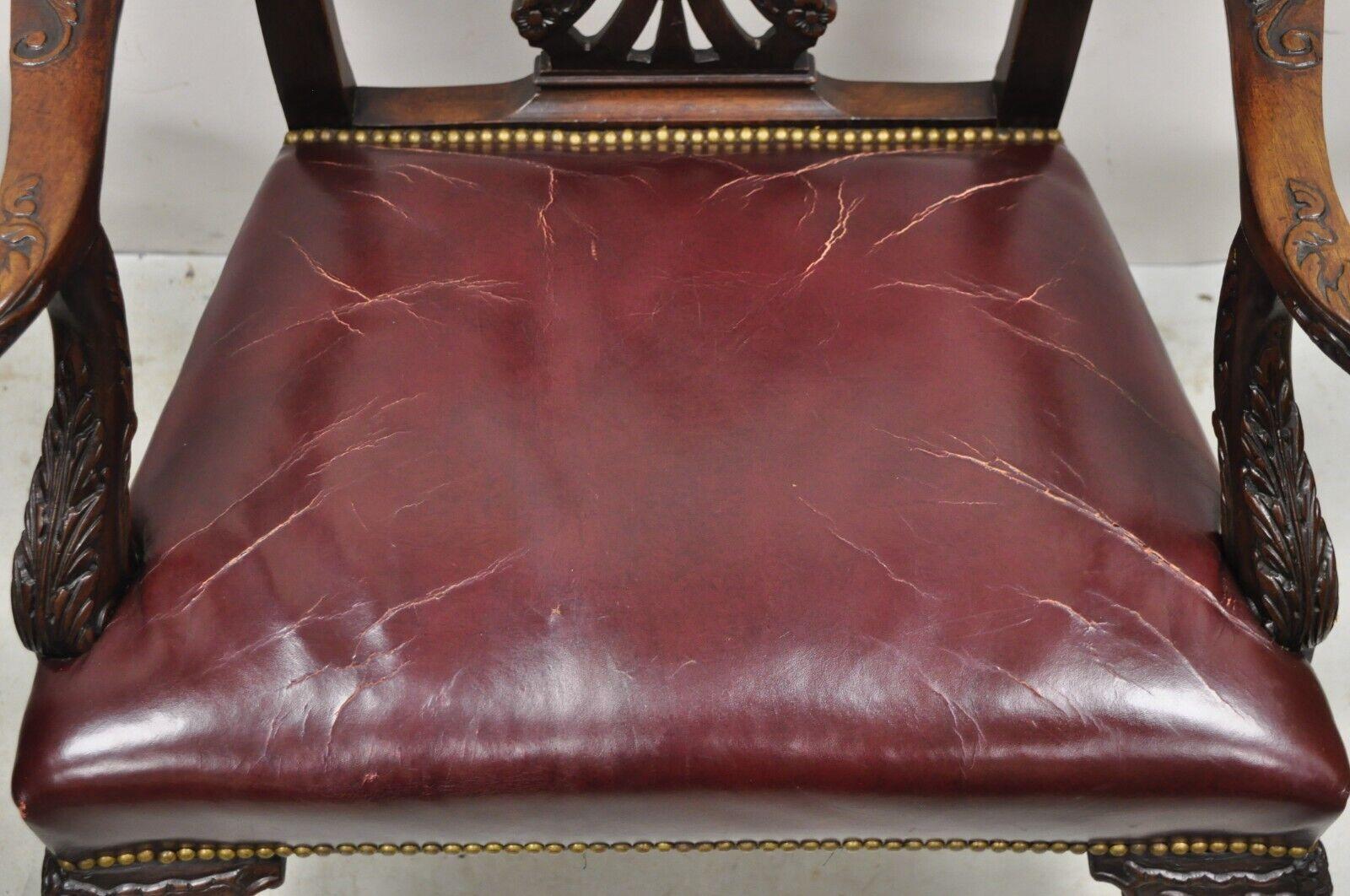 Antique Carved Mahogany Chippendale Style Ball and Claw Leather Arm Chair For Sale 1