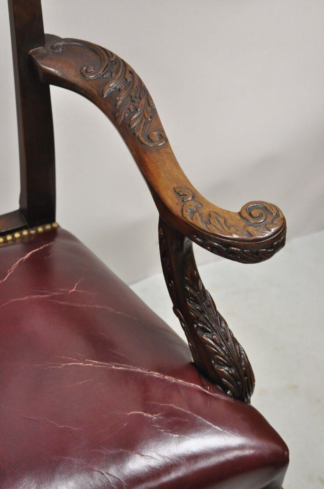 Antique Carved Mahogany Chippendale Style Ball and Claw Leather Arm Chair For Sale 1