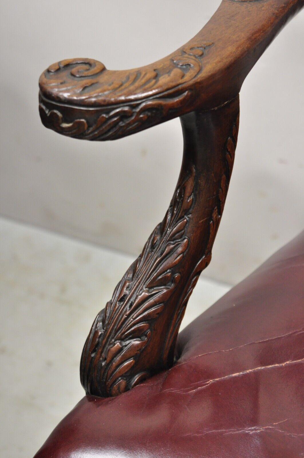 Antique Carved Mahogany Chippendale Style Ball and Claw Leather Arm Chair For Sale 3