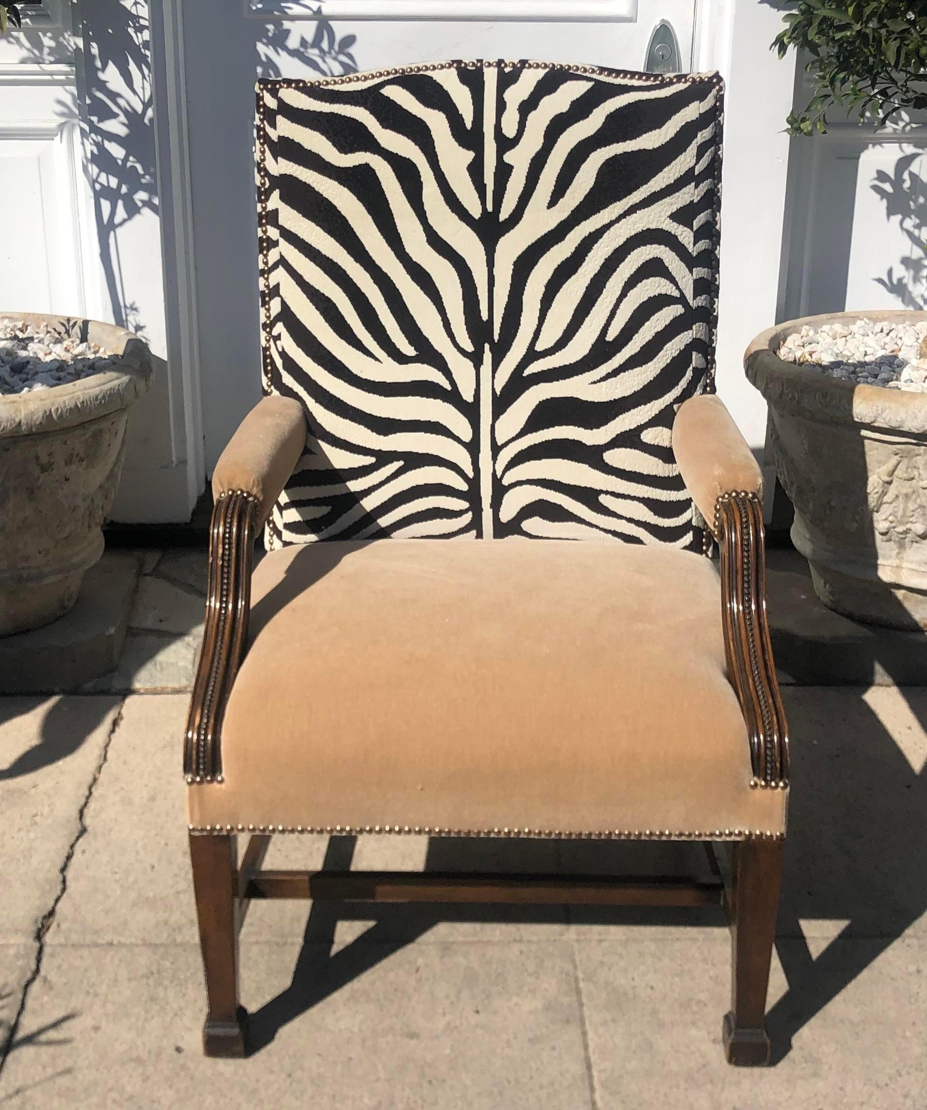 Renaissance Antique Carved Mahogany Desk Chair, Clarence House Zebra and Mohair