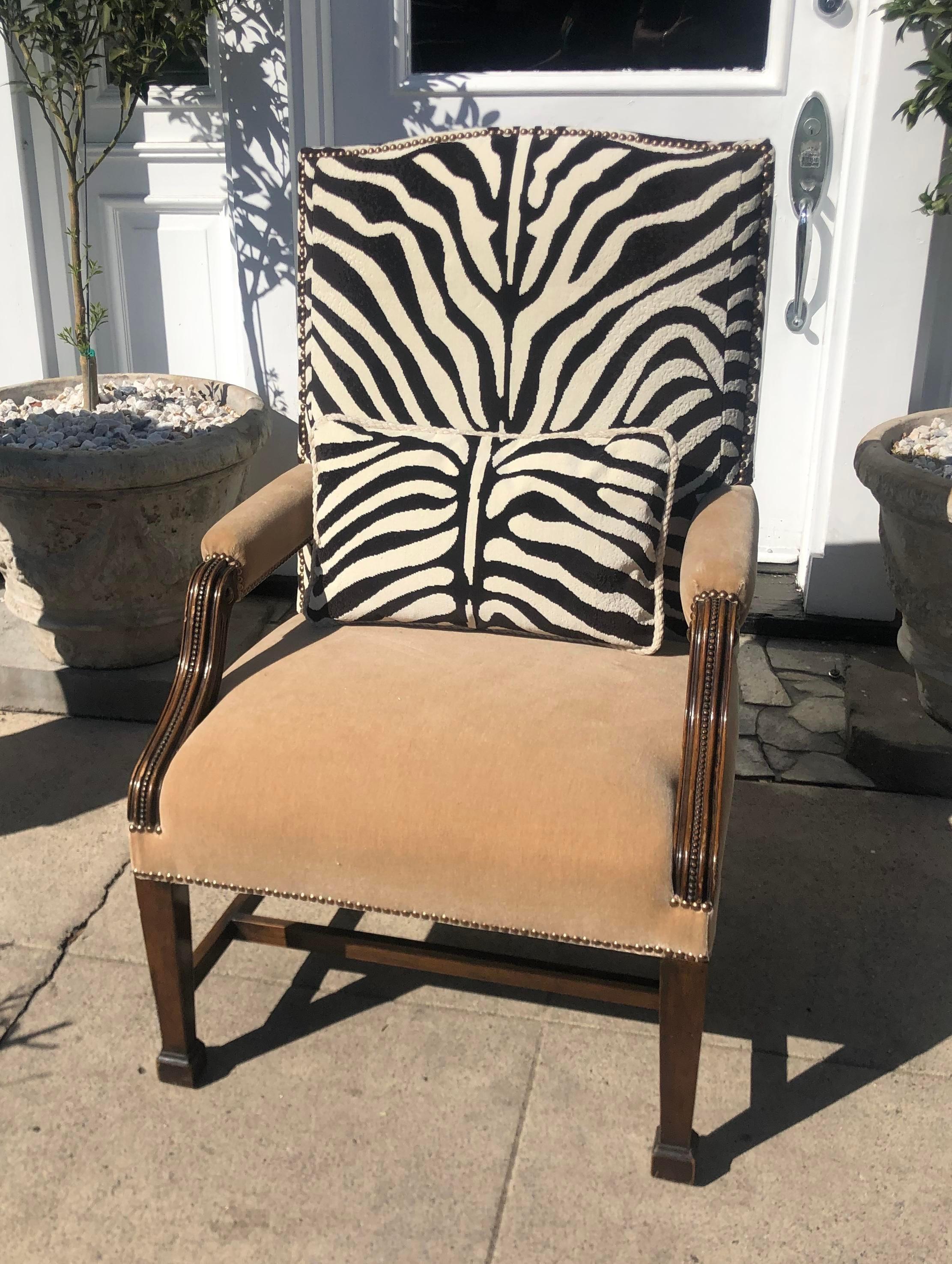 English Antique Carved Mahogany Desk Chair, Clarence House Zebra and Mohair